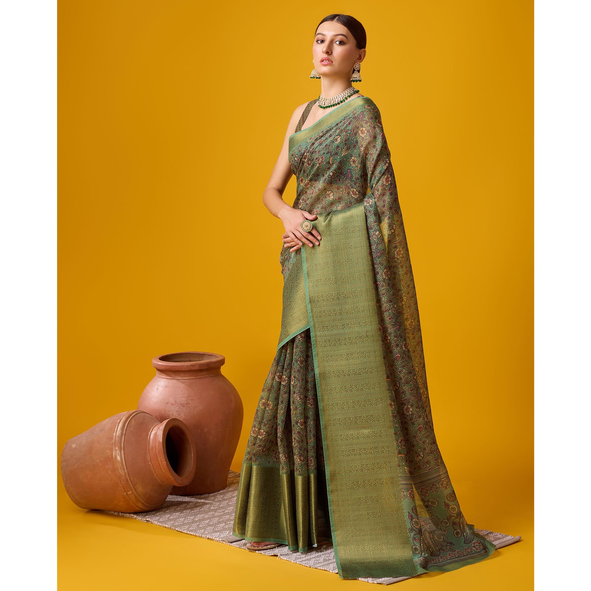 Dusty Green Digital Printed Cotton Silk Saree With Border