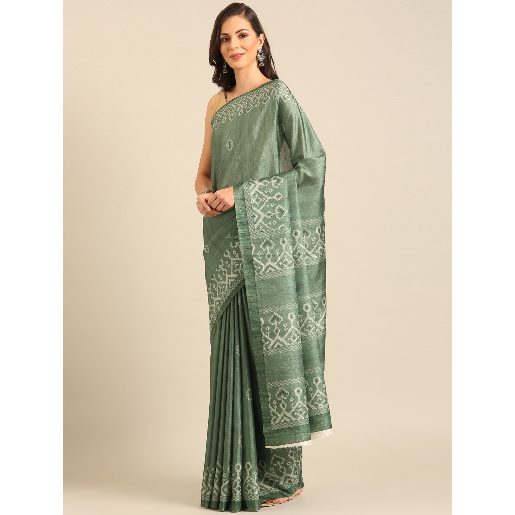Green Digital Print Cotton Blend Saree