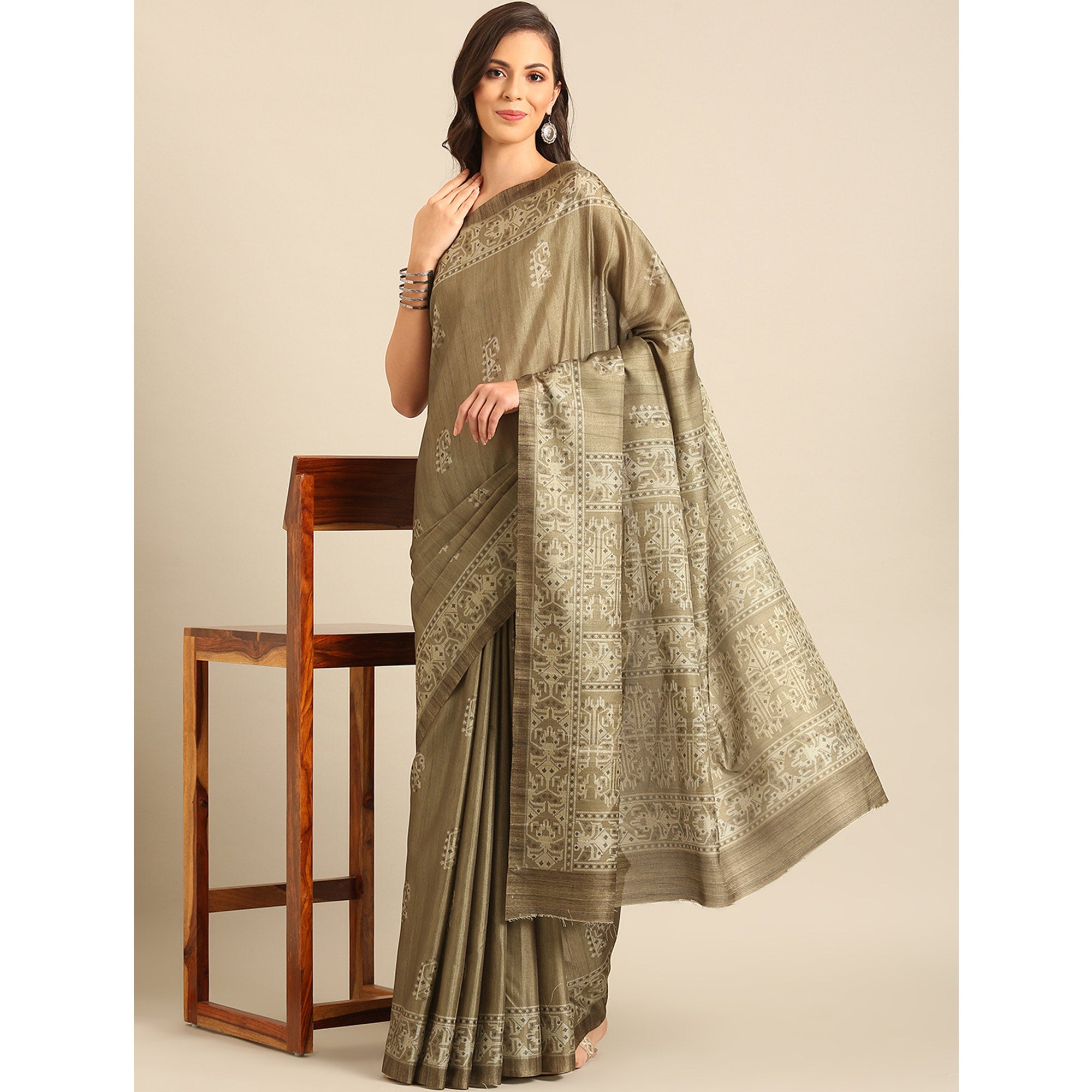 Taupe Digital Printed Cotton Blend Saree