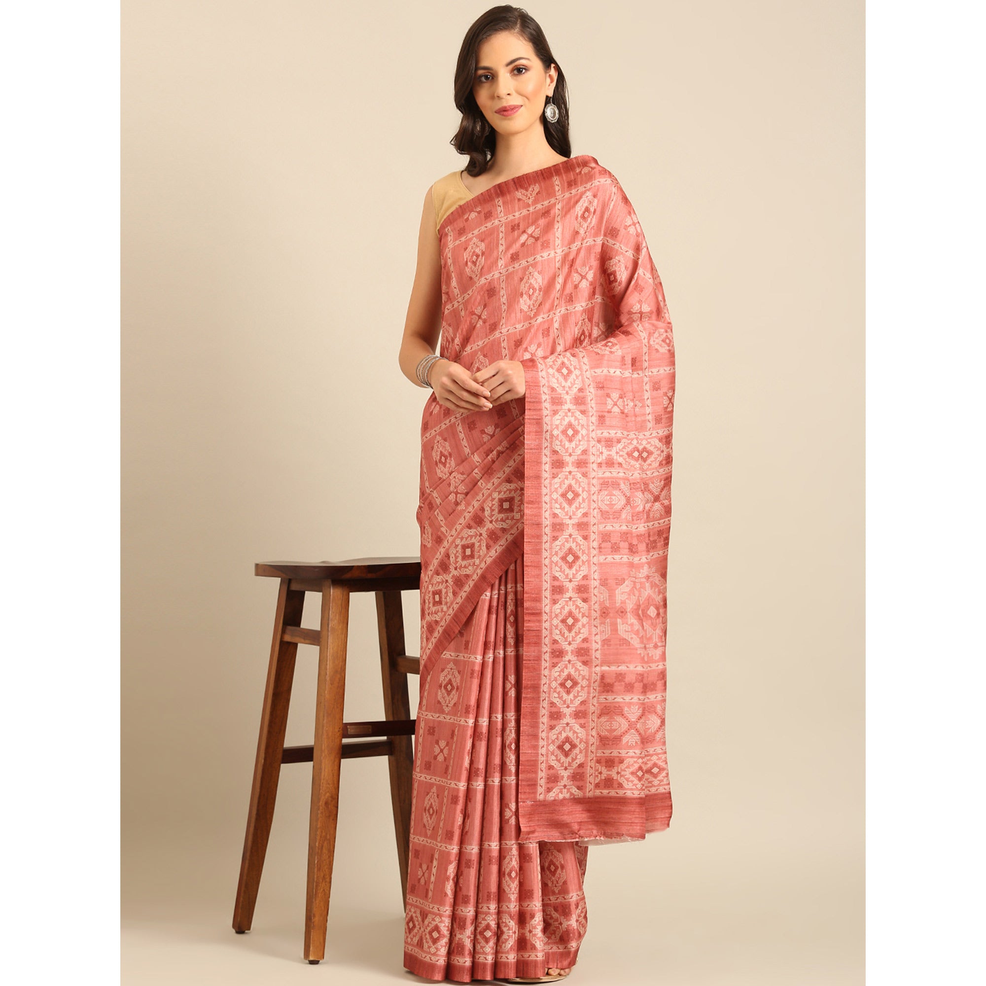 Peach Floral Digital Printed Cotton Blend Saree