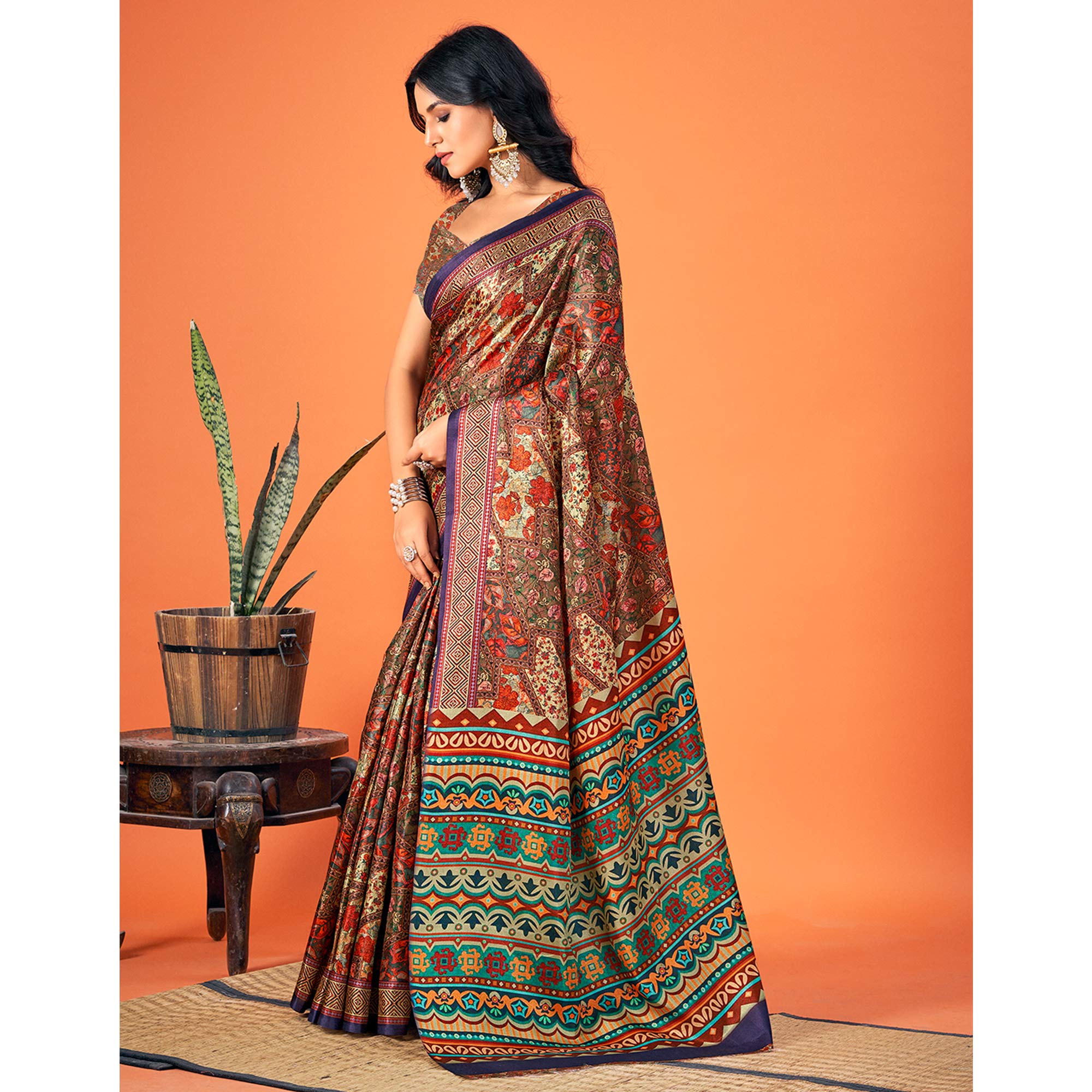 Multicolor Printed Pashmina Saree