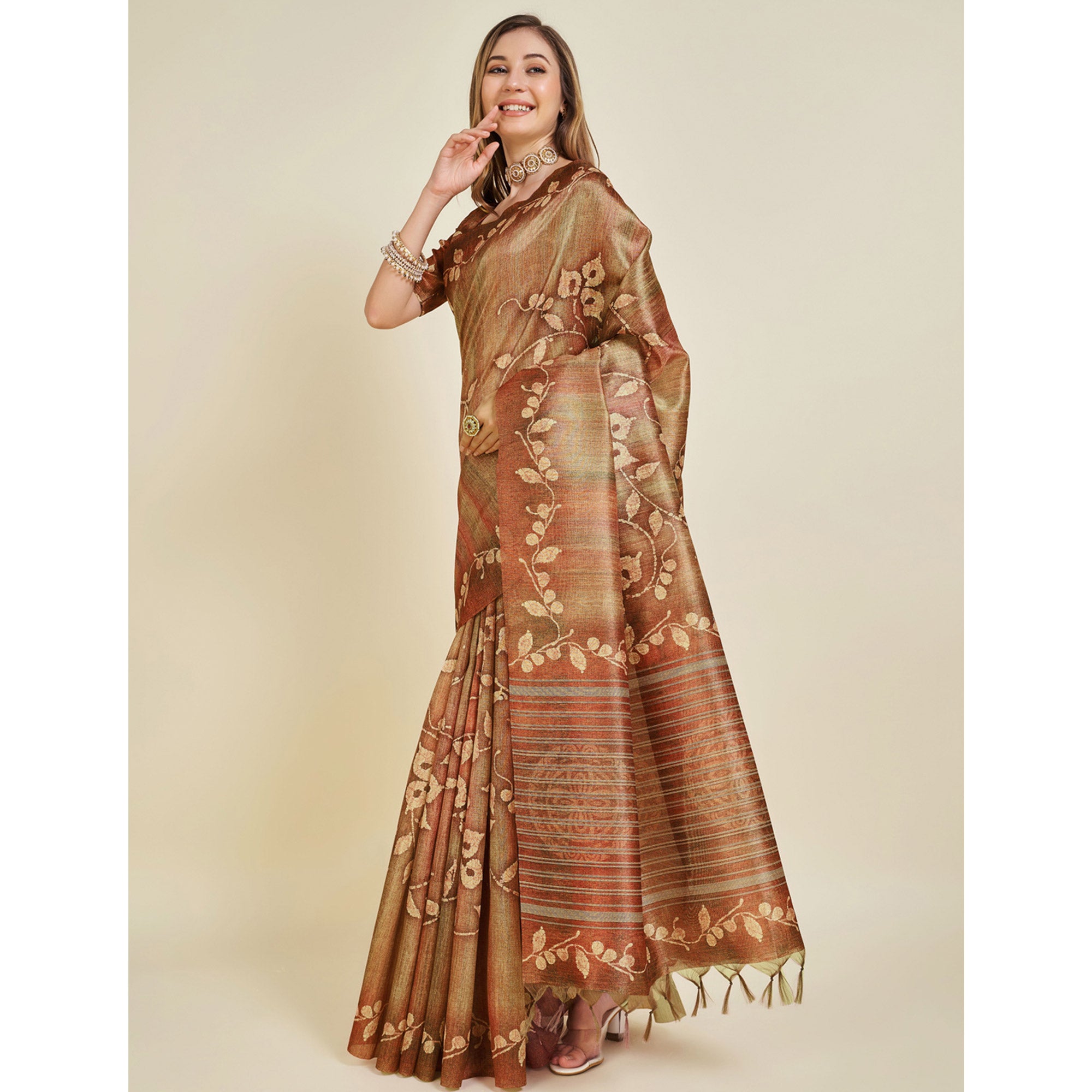 Brown Digital Printed Bhagalpuri Silk Saree With Tassels