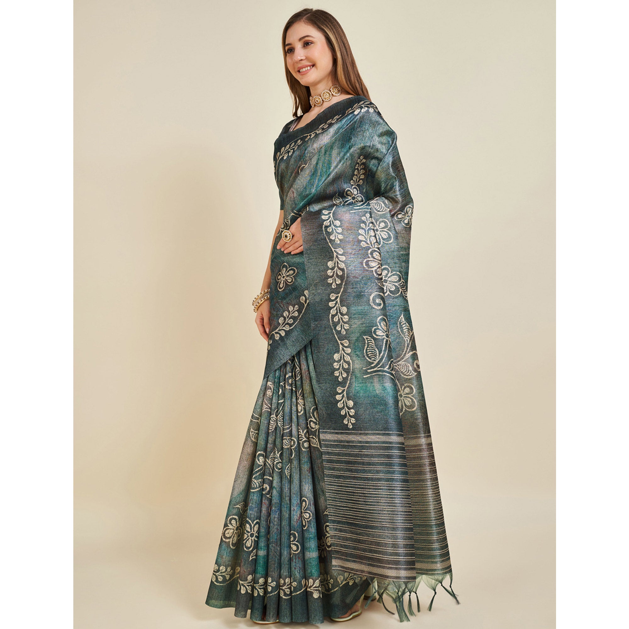 Grey Digital Printed Bhagalpuri Silk Saree With Tassels