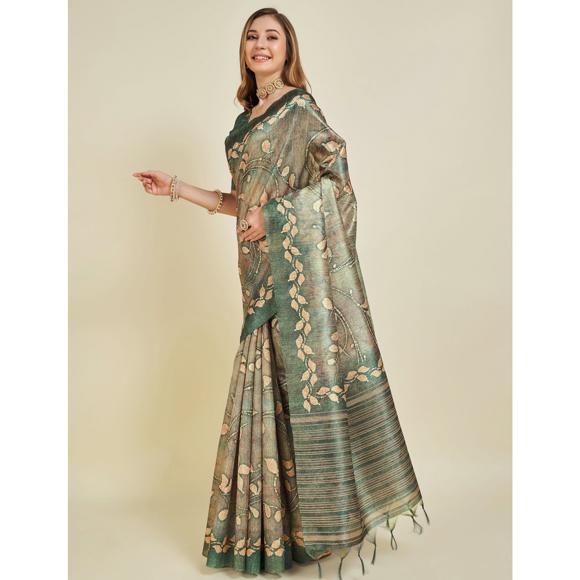 Green Digital Printed Bhagalpuri Silk Saree With Tassels