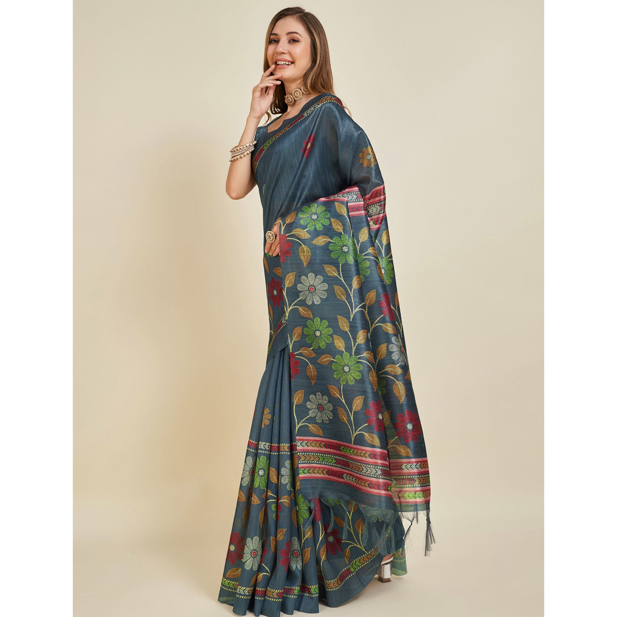 Bluish Grey Digital Printed Bhagalpuri Silk Saree With Tassels