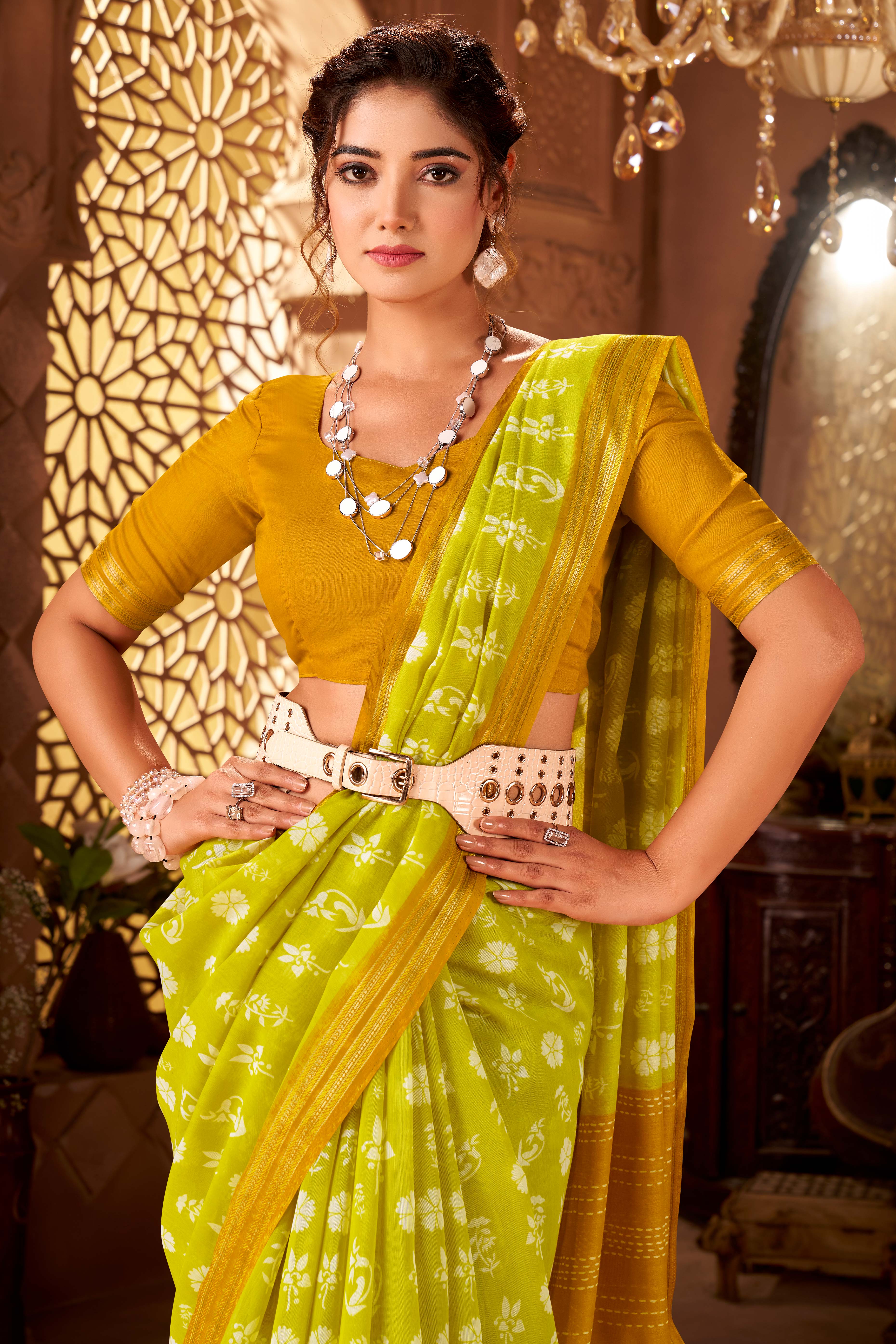 Sophisticated Lemon Green Mulmul Cotton Saree Featuring Delicate Floral Prints & Weaving Border