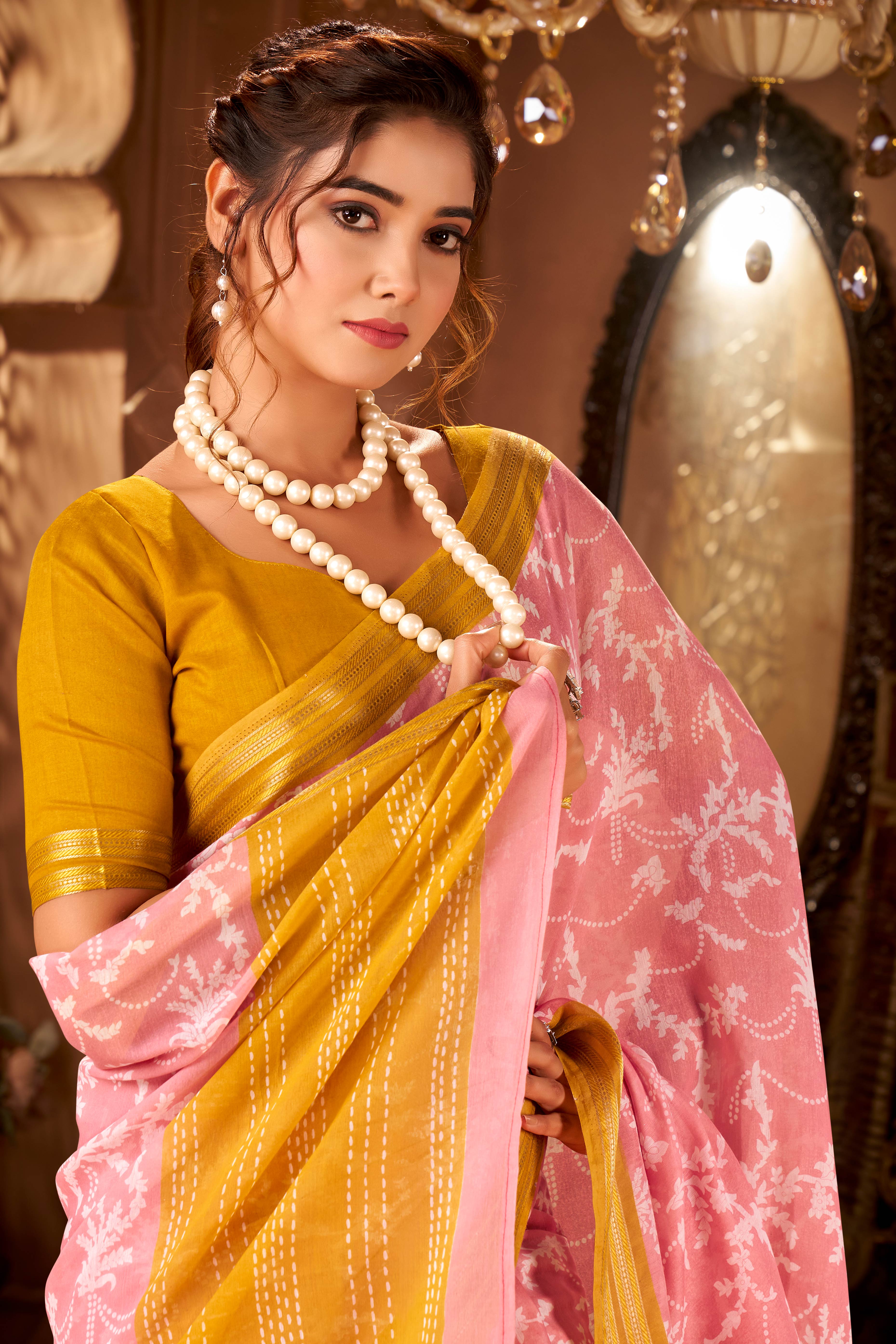 Sophisticated Baby Pink Mulmul Cotton Saree Featuring Delicate Floral Prints & Weaving Border
