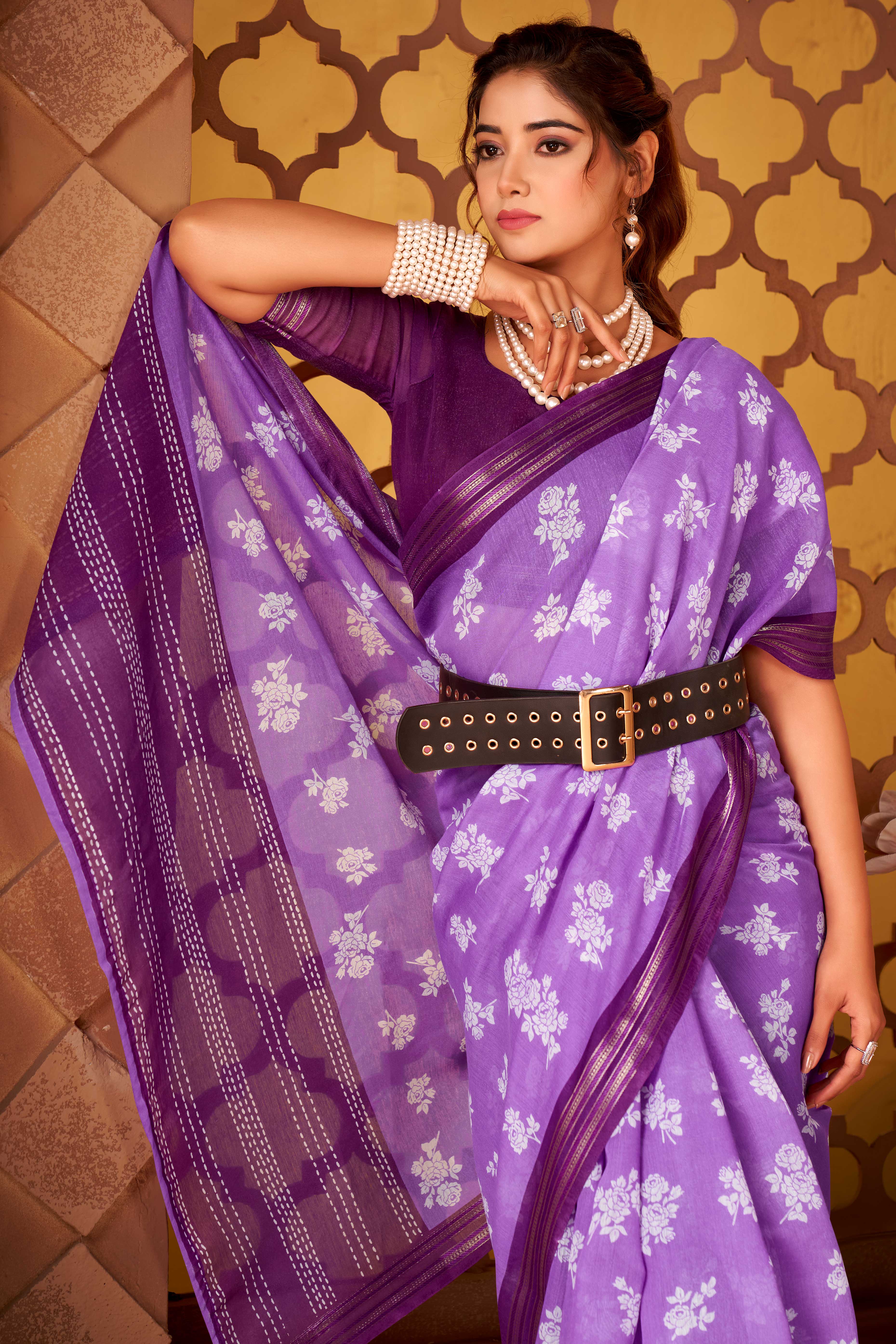 Sophisticated Purple Mulmul Cotton Saree Featuring Delicate Floral Prints & Weaving Border