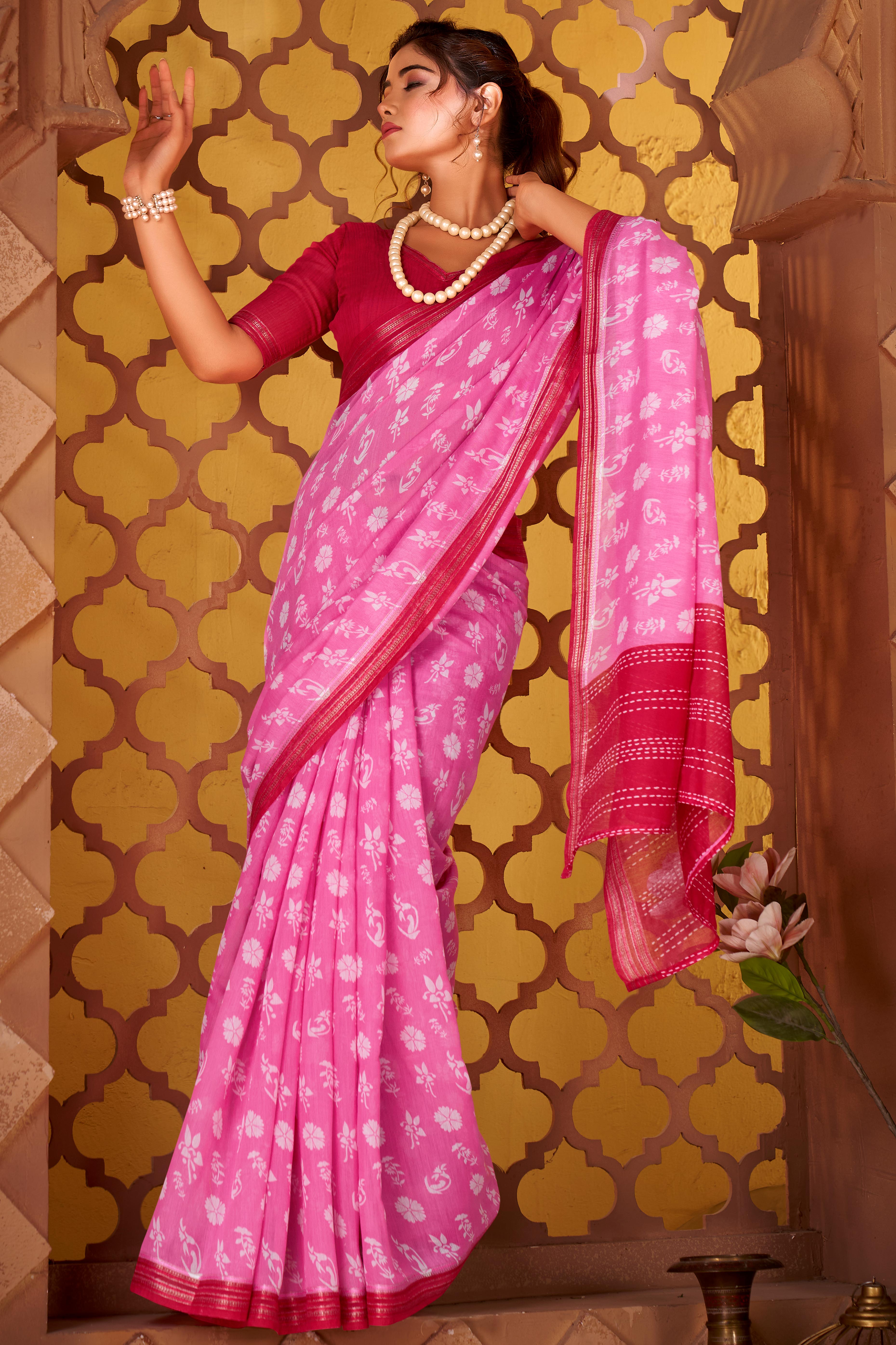 Sophisticated Pink Mulmul Cotton Saree Featuring Delicate Floral Prints & Weaving Border