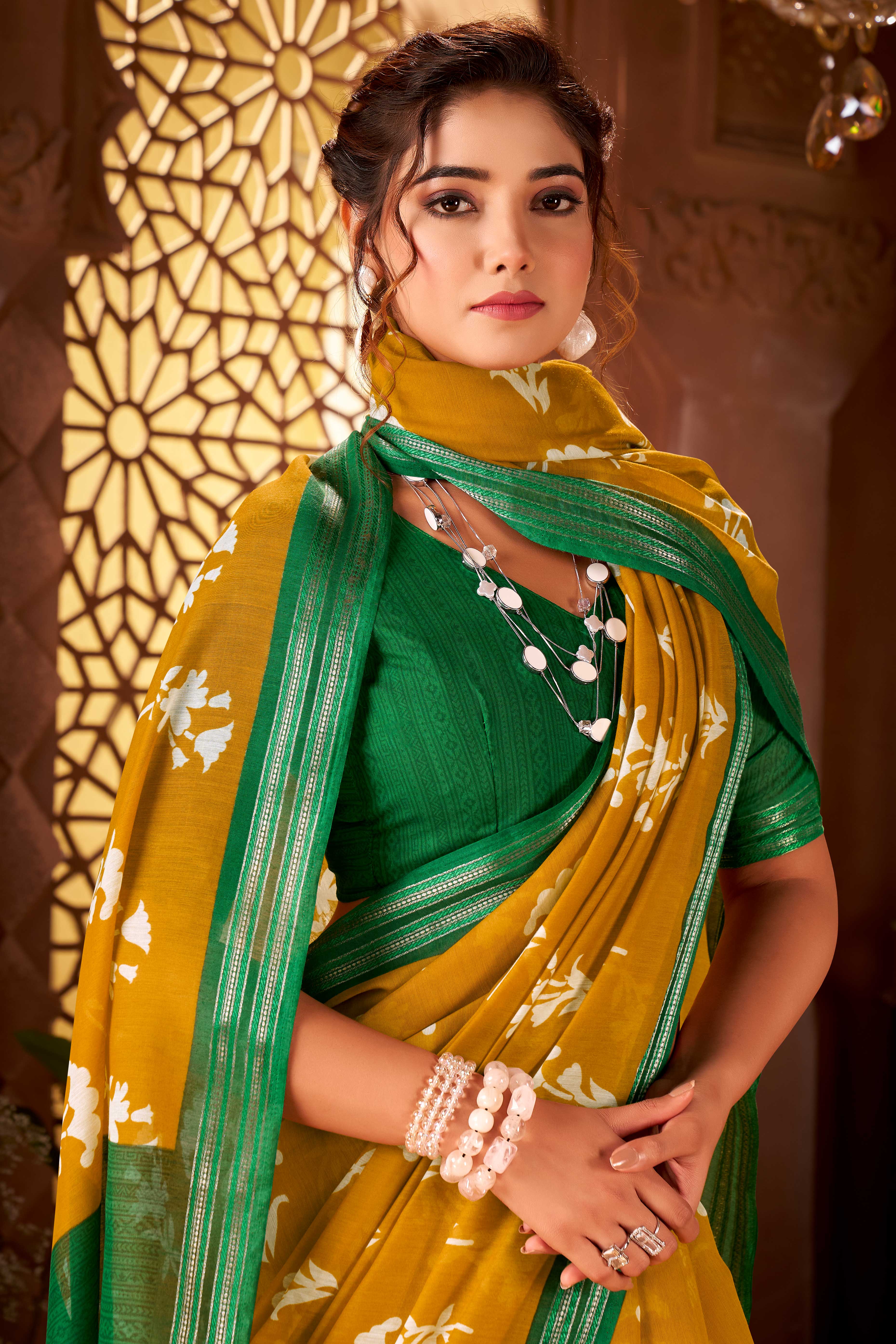 Sophisticated Mustard Mulmul Cotton Saree Featuring Delicate Floral Prints & Weaving Border