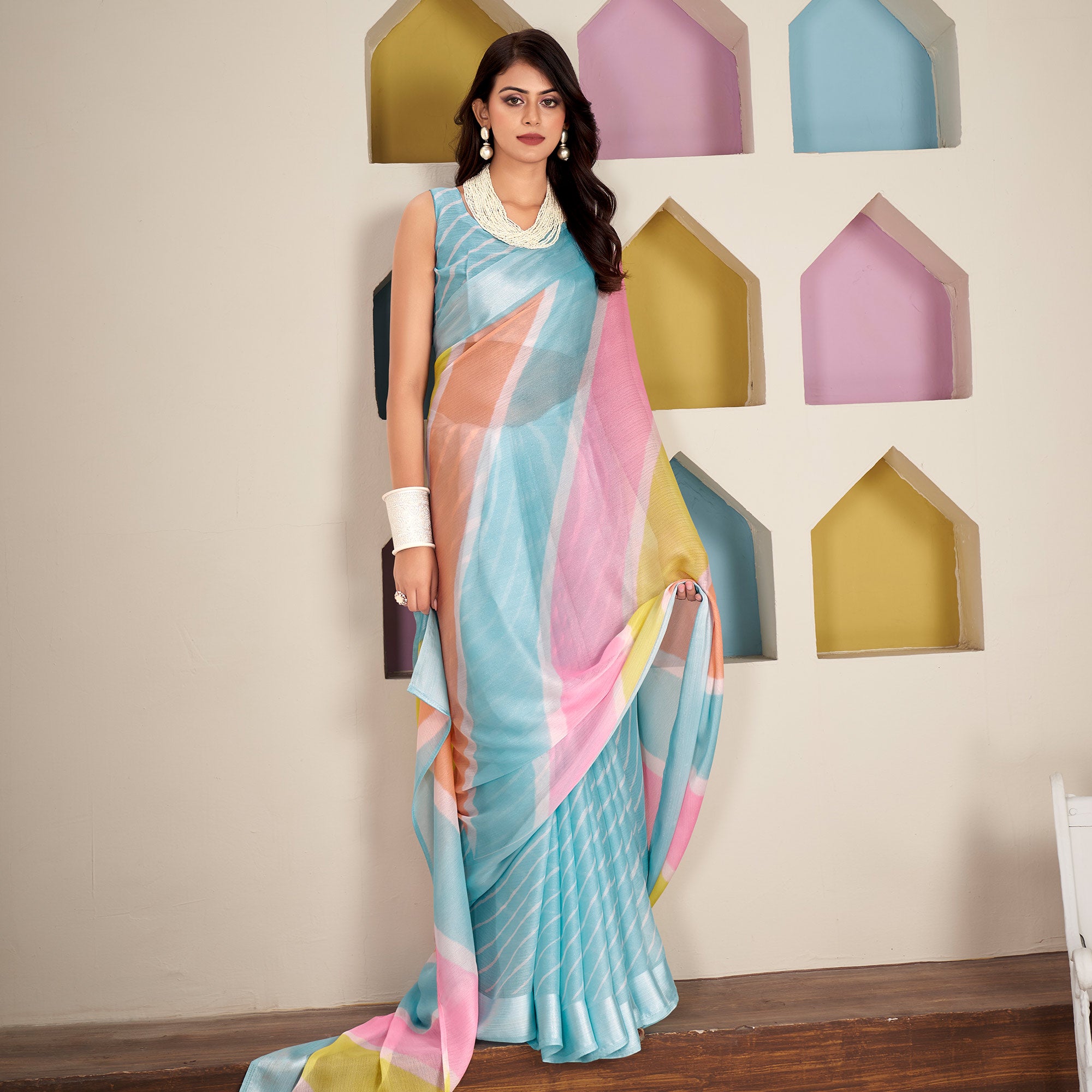 Blue Printed Chiffon Saree