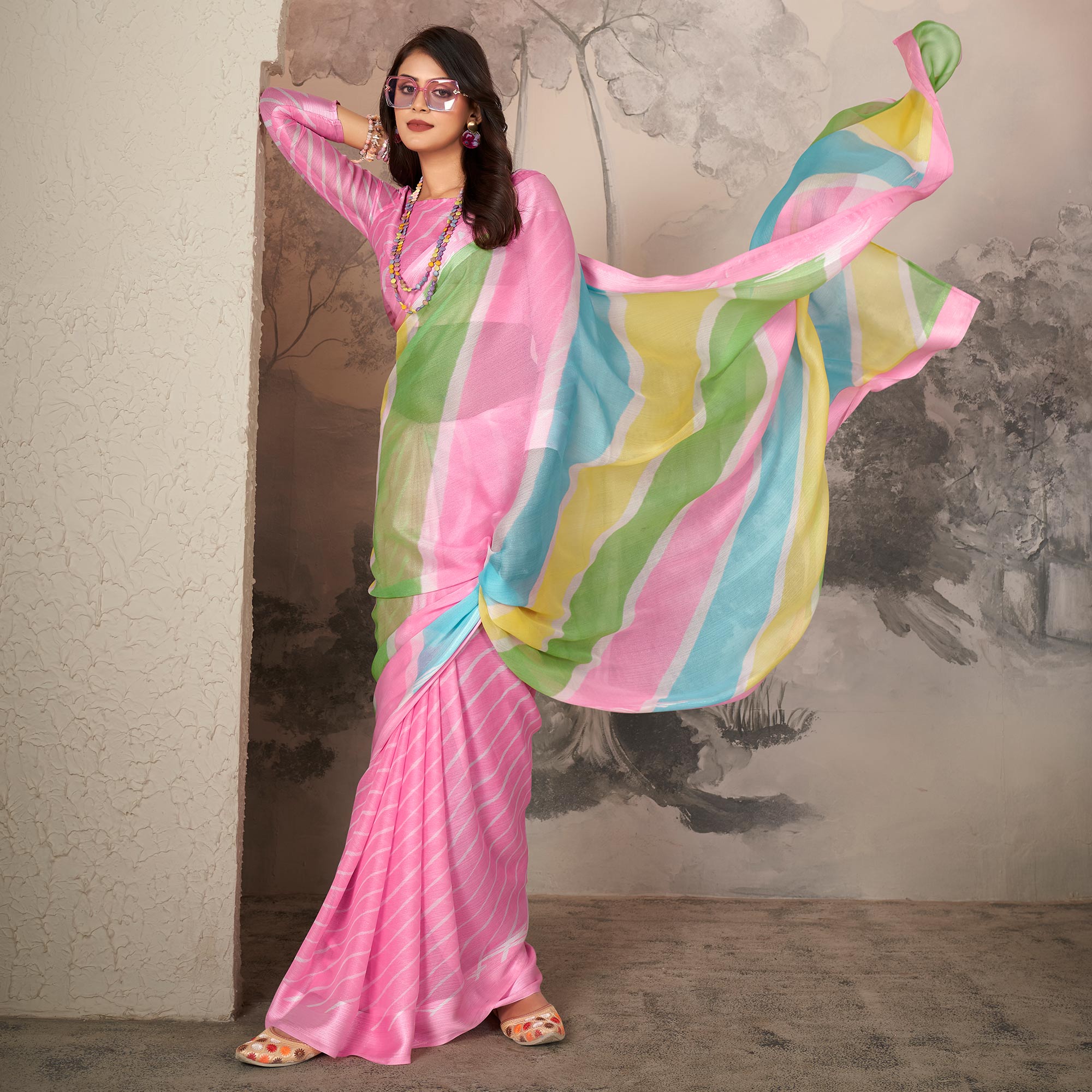 Pink Printed Chiffon Saree