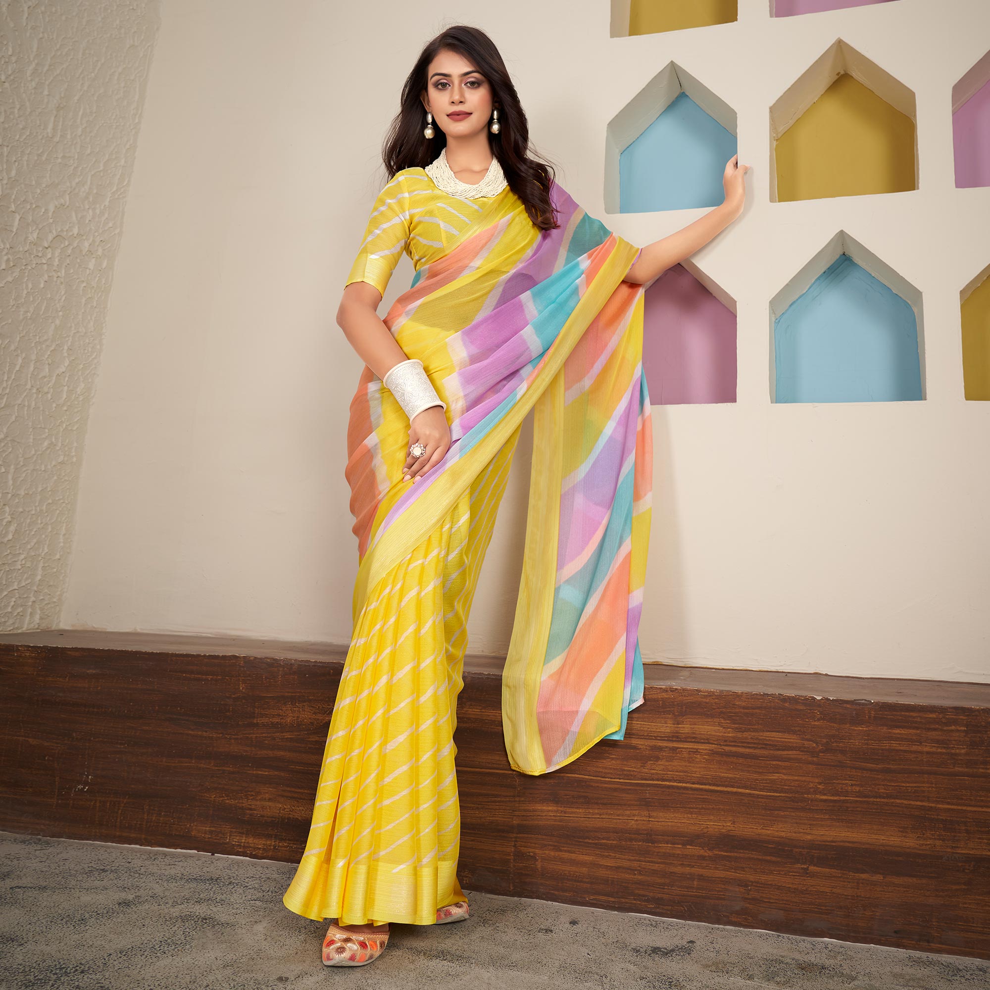 Yellow Printed Chiffon Saree