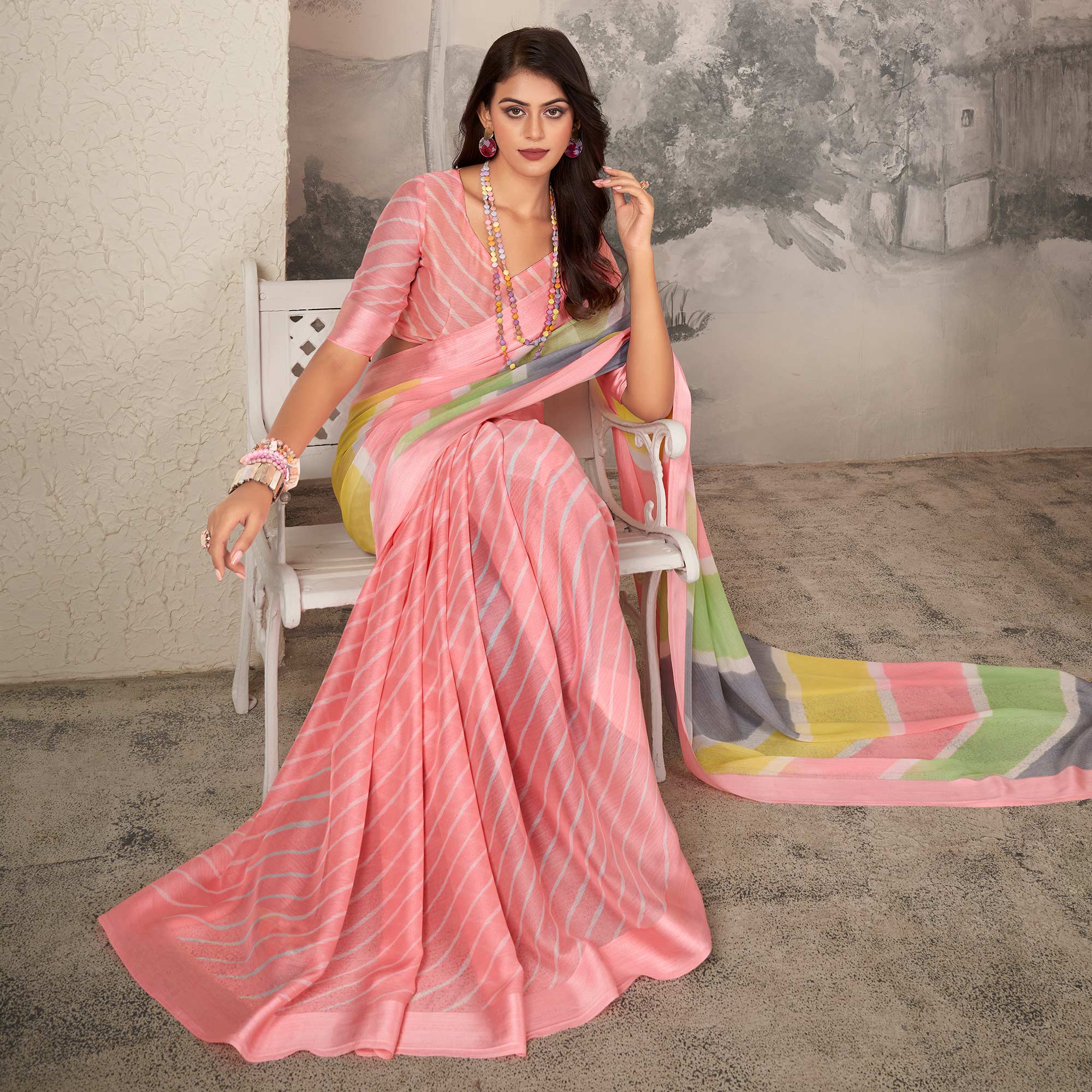 Peach Printed Chiffon Saree