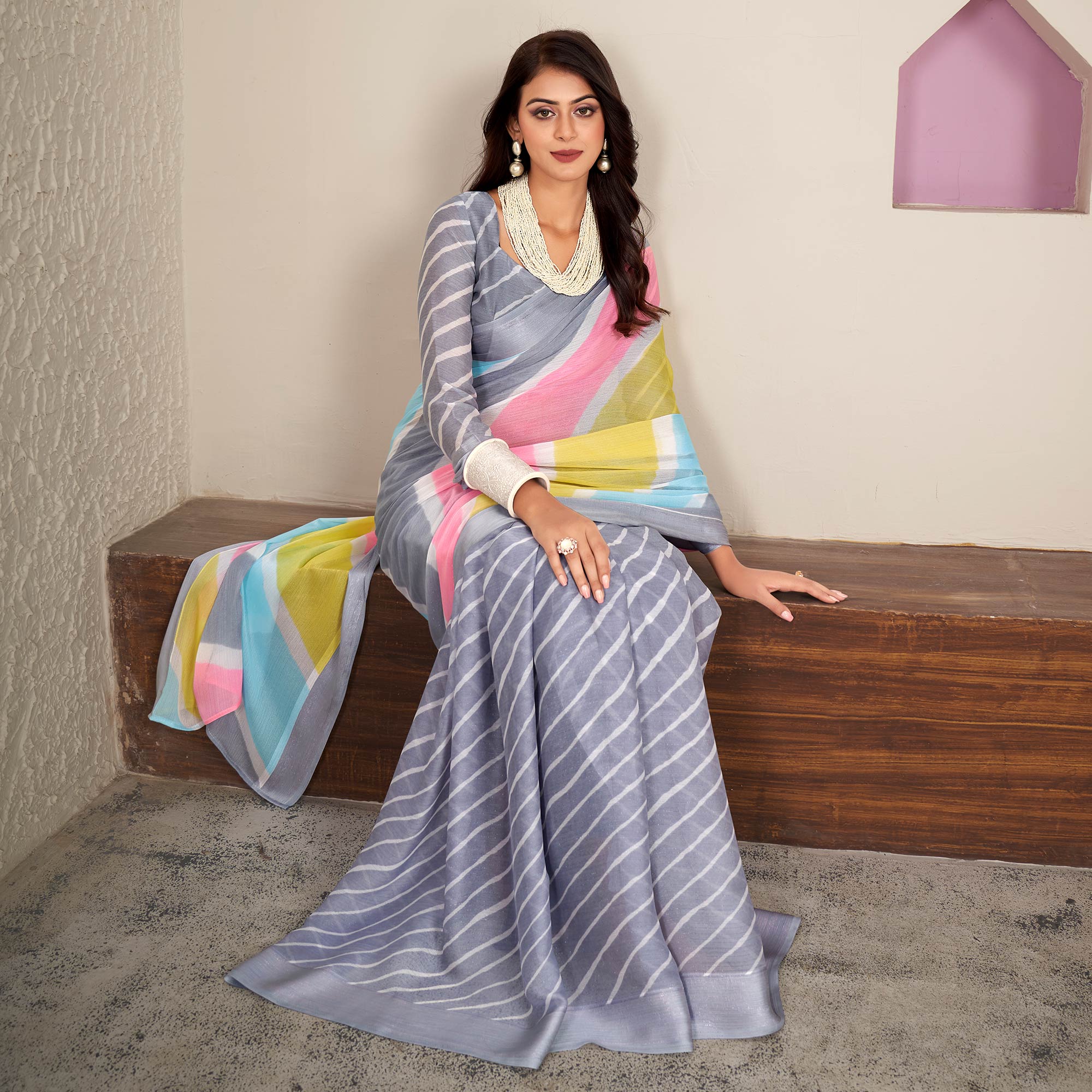 Grey Printed Chiffon Saree