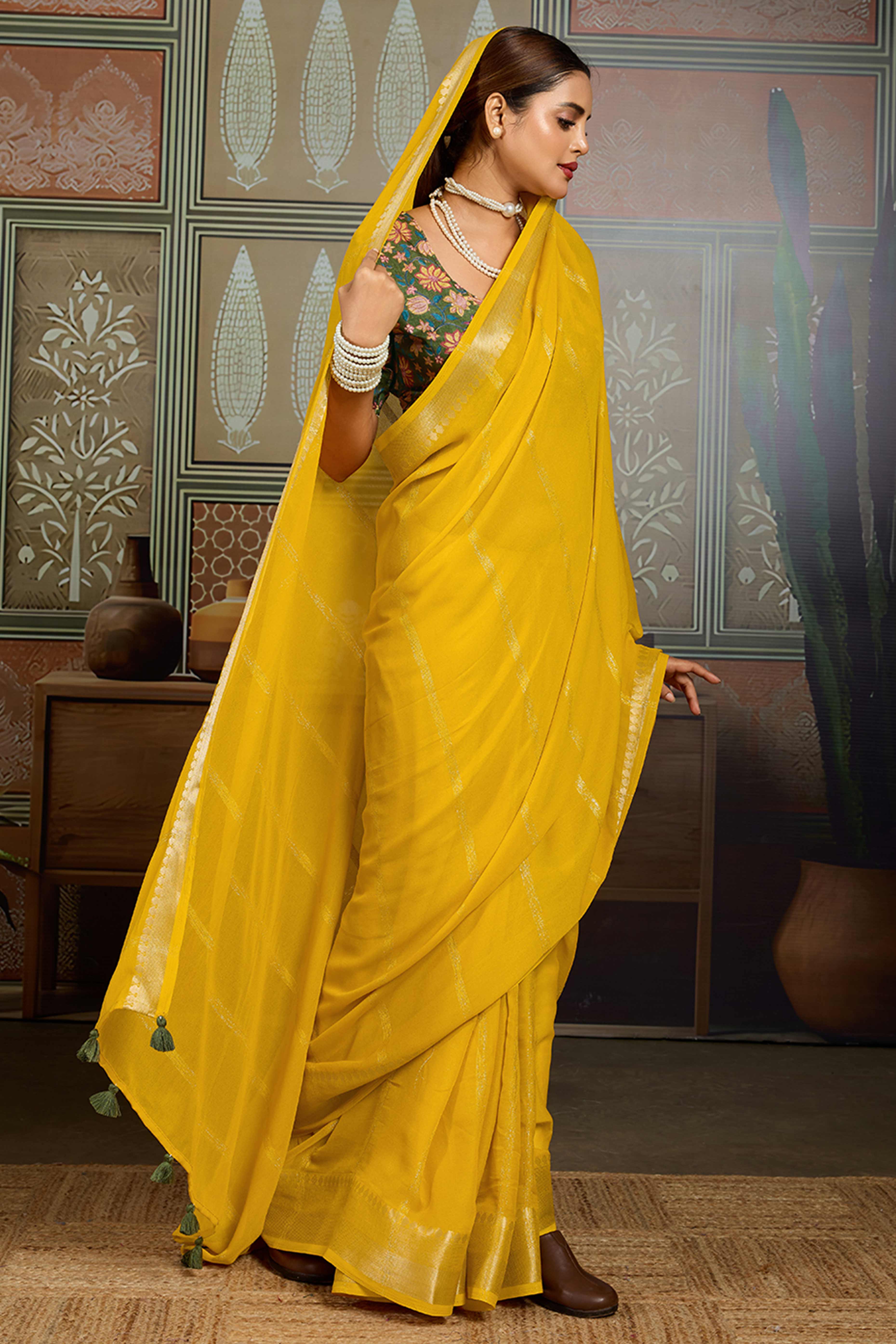 Yellow Striped Pattern Bemberg Saree Adorned With Intricate Zari Weaving & Graceful Tassel Pallu