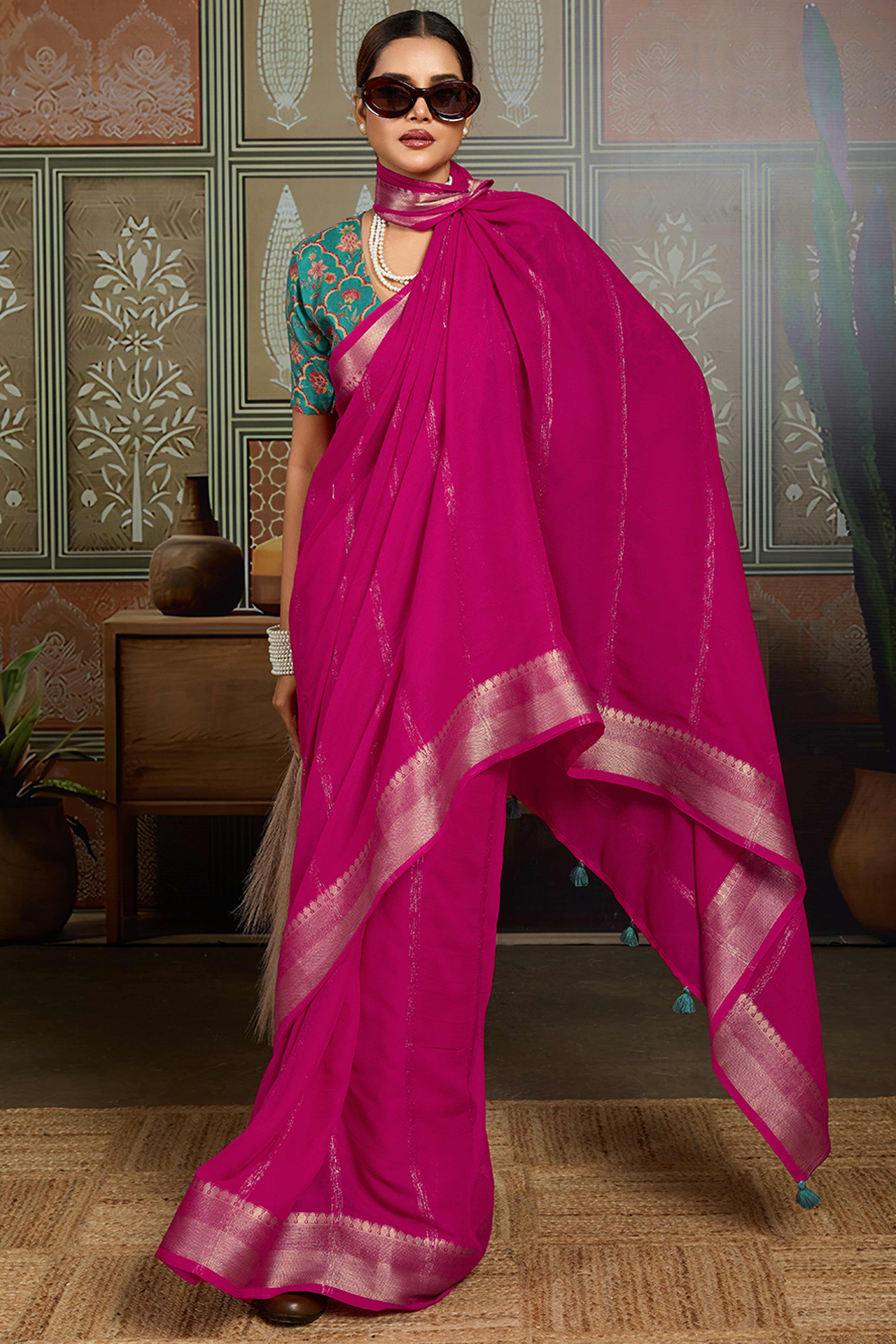 Rani Pink Striped Pattern Bemberg Saree Adorned With Intricate Zari Weaving & Graceful Tassel Pallu