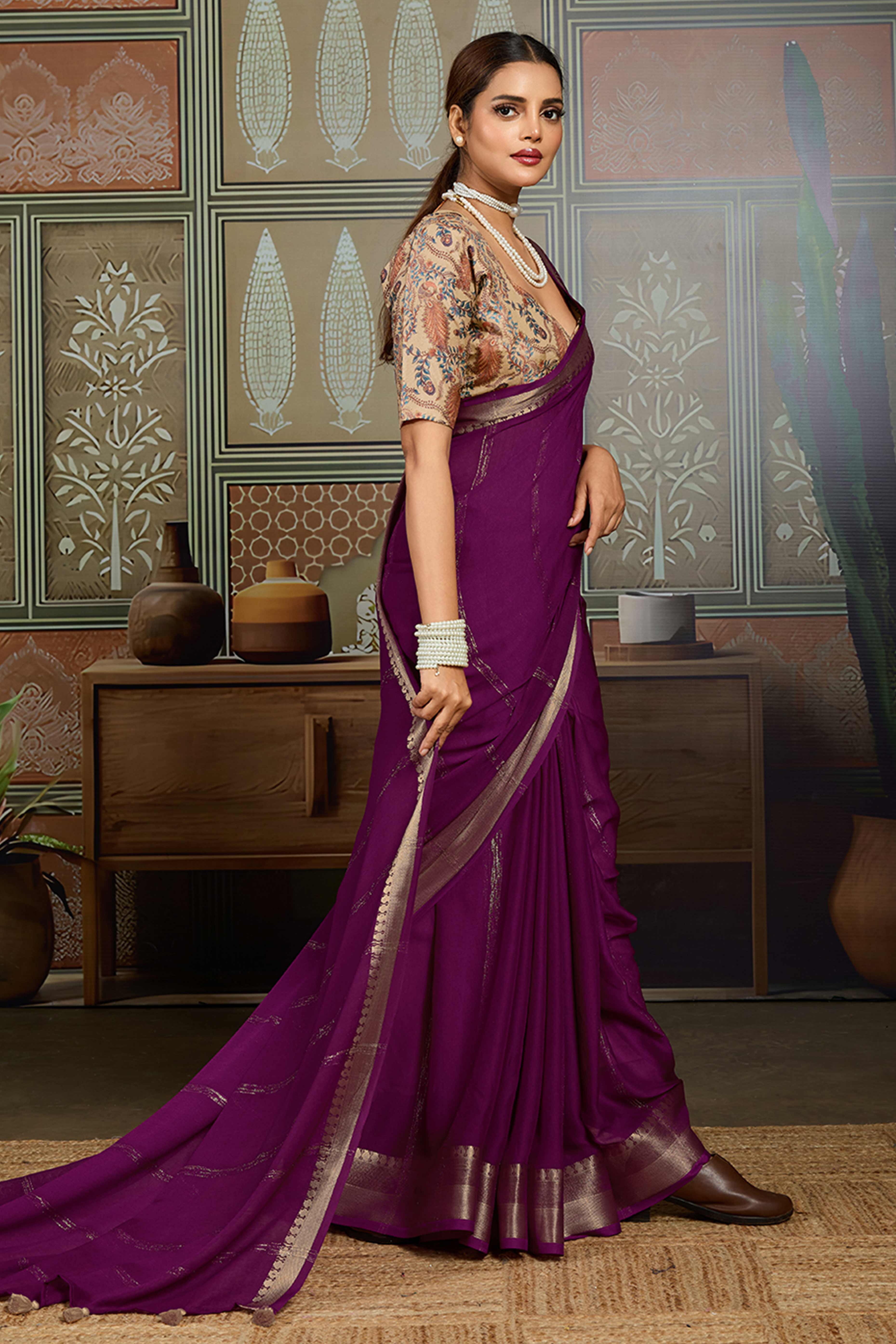 Purple Striped Pattern Bemberg Saree Adorned With Intricate Zari Weaving & Graceful Tassel Pallu