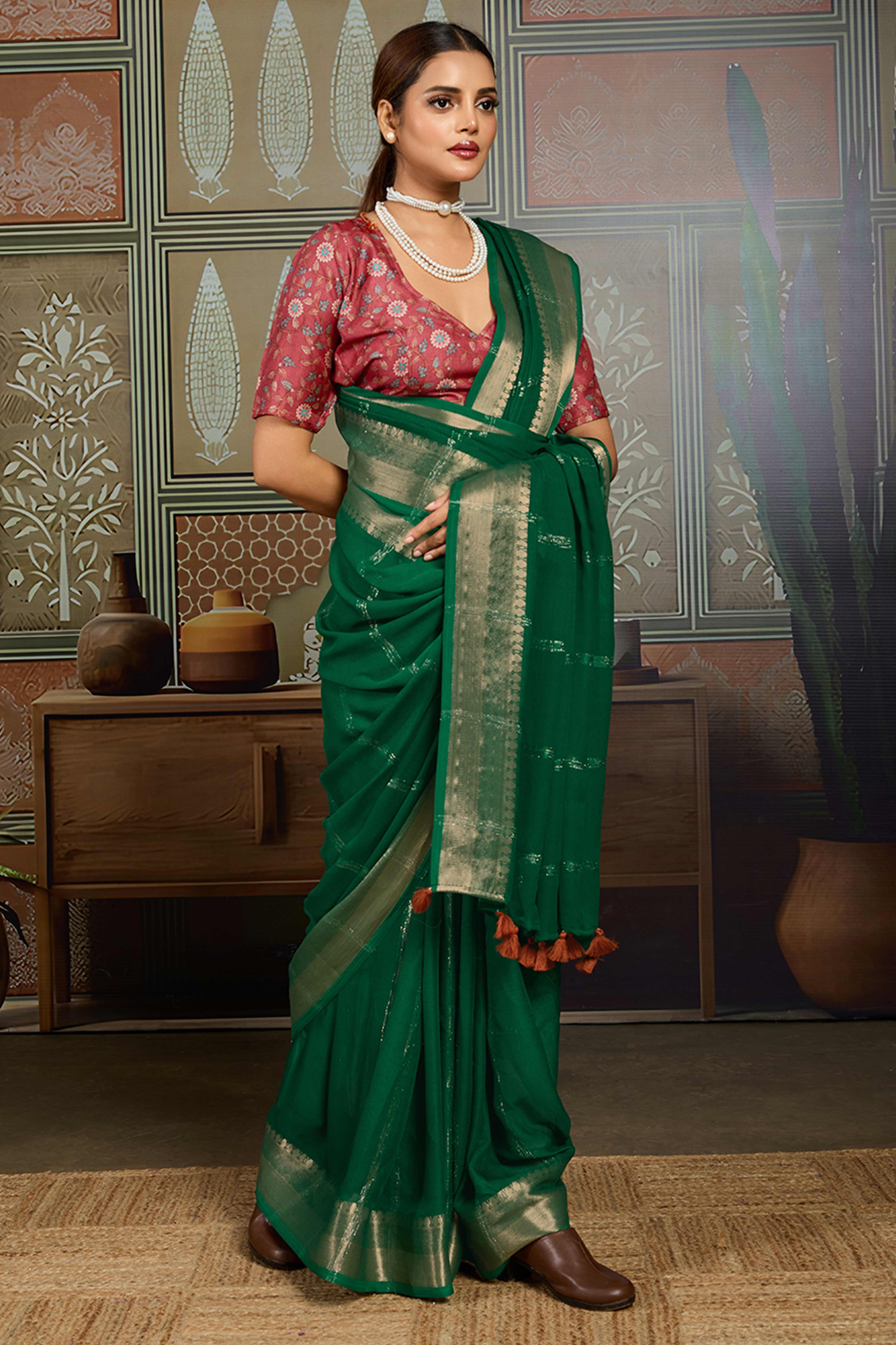 Green Striped Pattern Bemberg Saree Adorned With Intricate Zari Weaving & Graceful Tassel Pallu