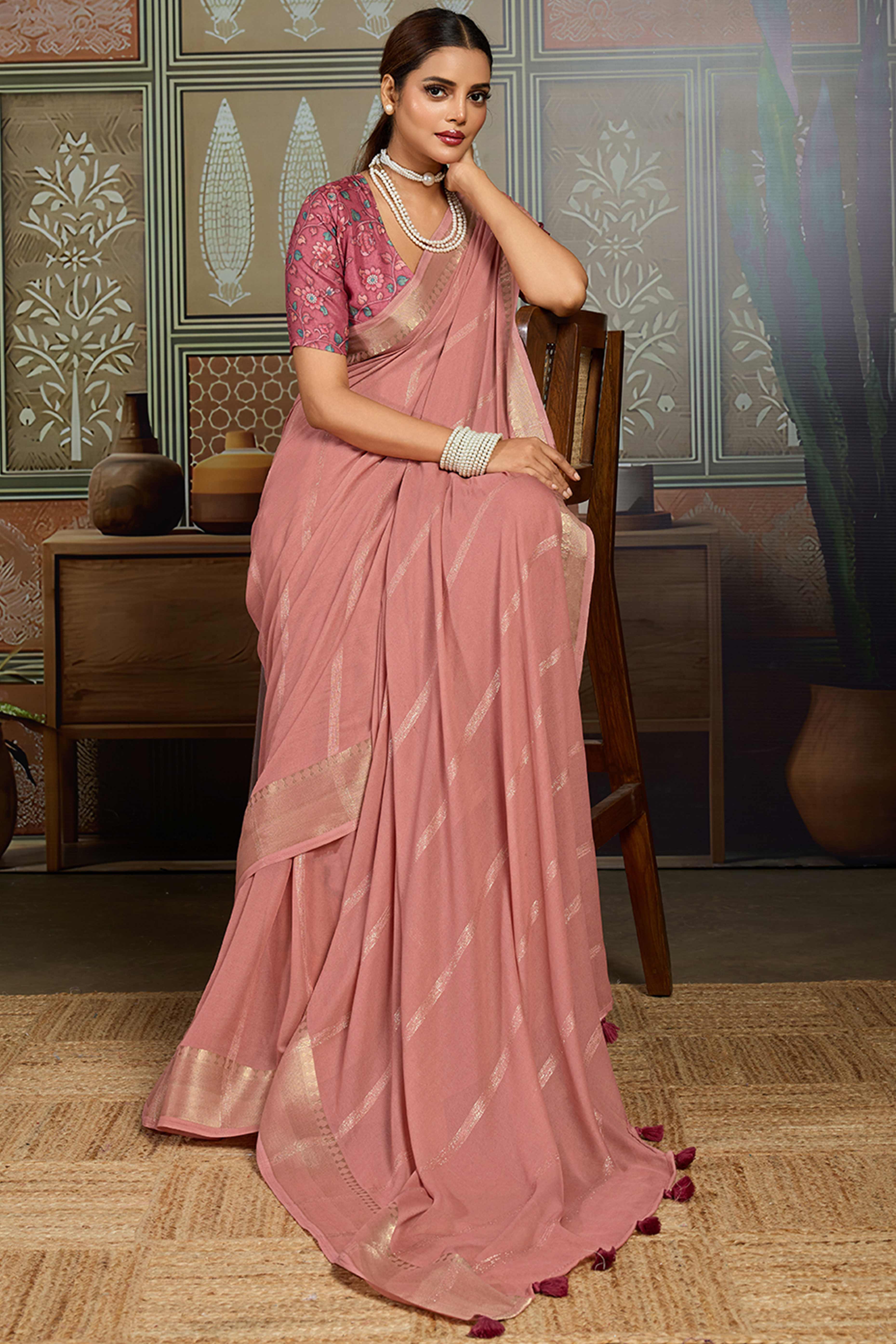 Pink Striped Pattern Bemberg Saree Adorned With Intricate Zari Weaving & Graceful Tassel Pallu