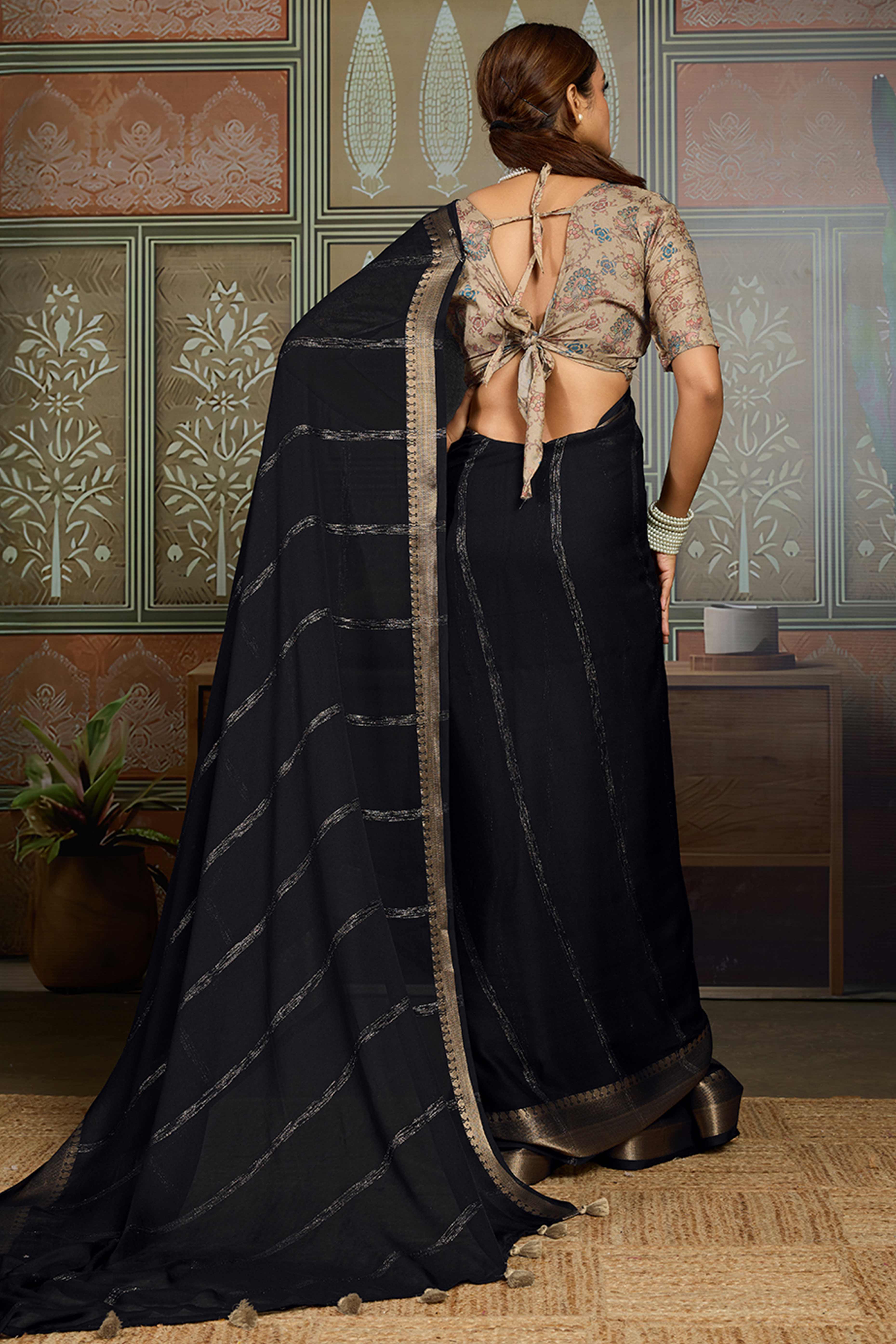Black Striped Pattern Bemberg Saree Adorned With Intricate Zari Weaving & Graceful Tassel Pallu