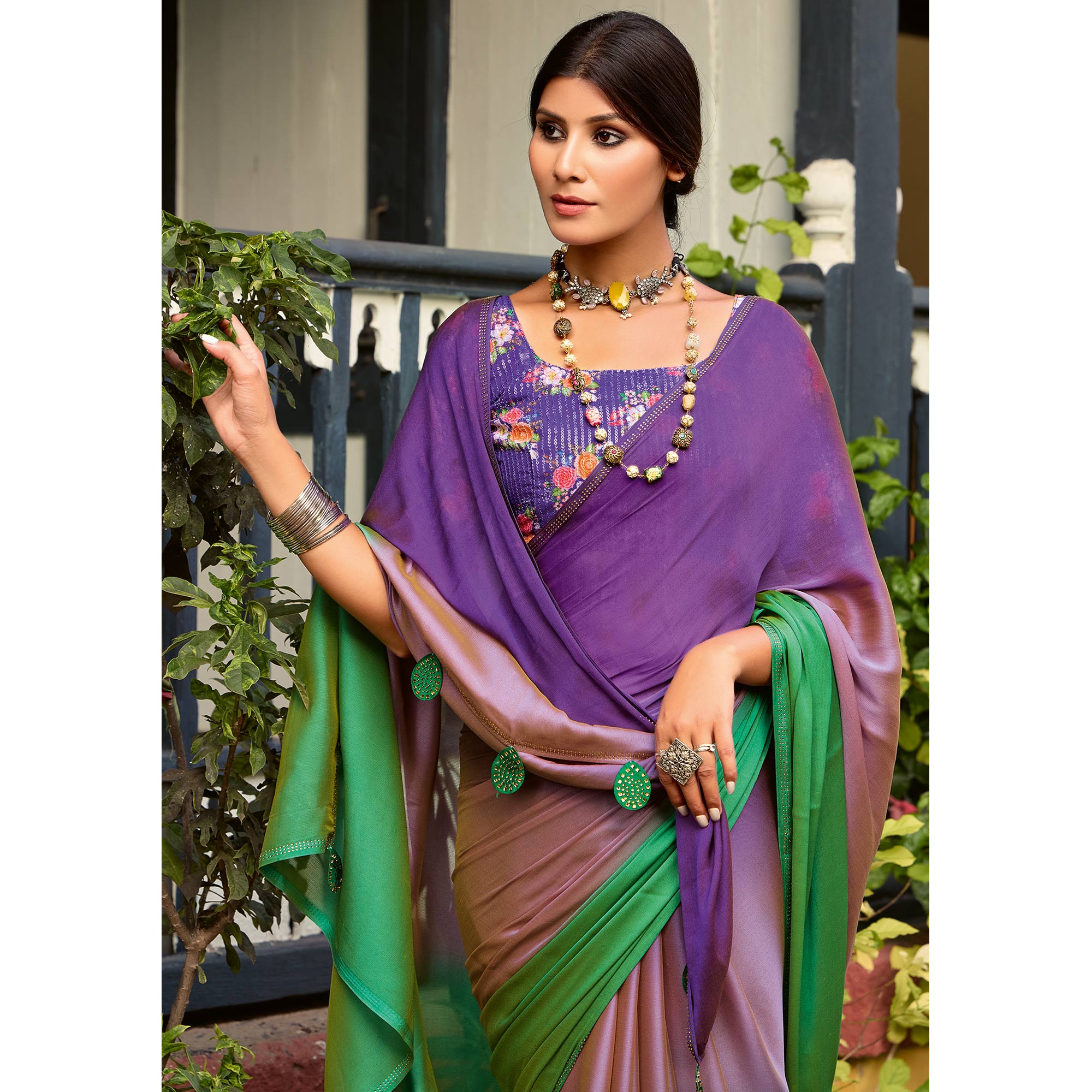 Purple & Green Ombre Print Chiffon Sarees