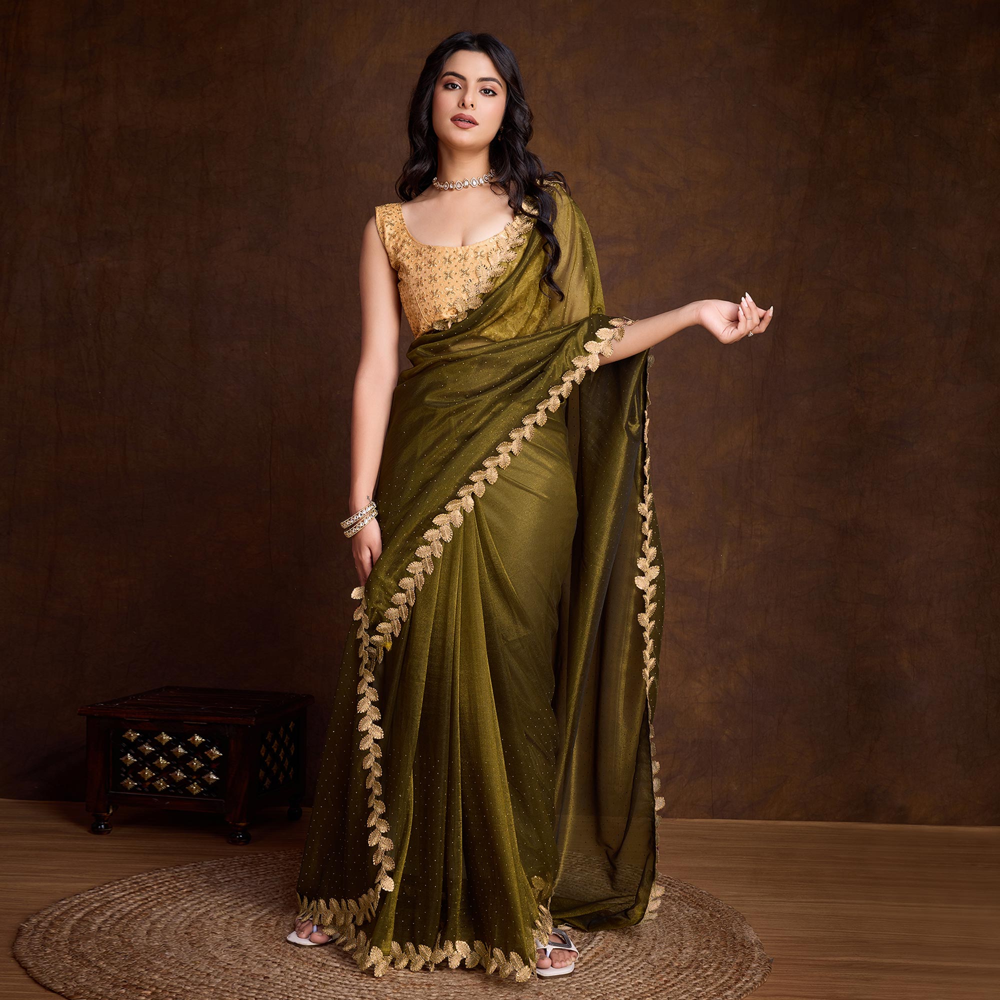 Mehandi Green Swarovski Work Shimmer Net Saree