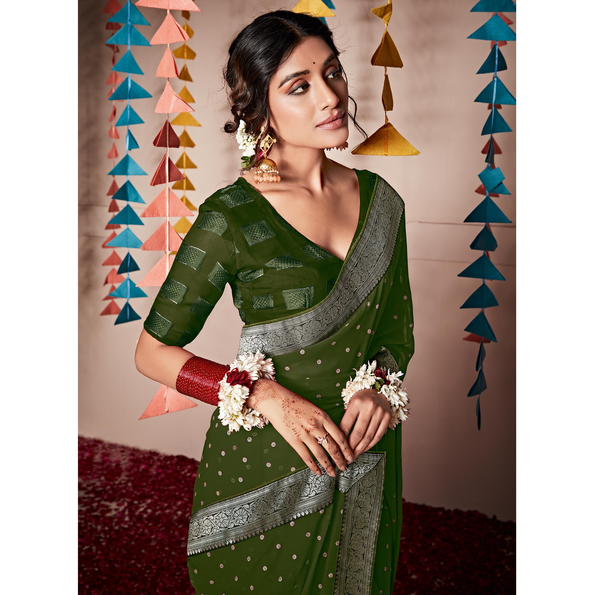 Green Foil Printed With Woven Border Georgette Saree