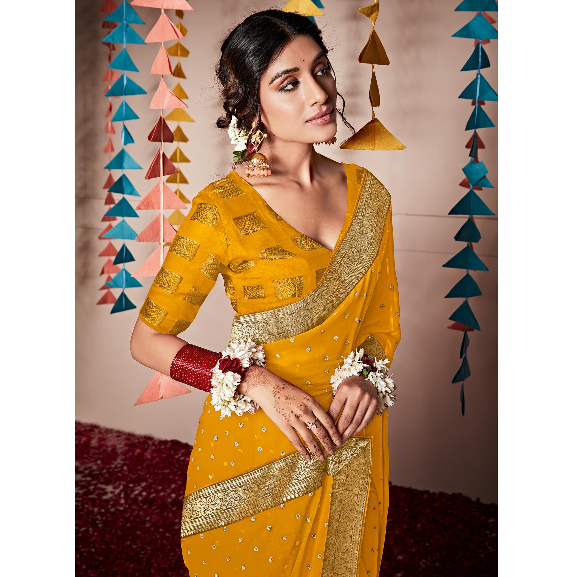 Mustard Foil Printed With Woven Border Georgette Saree