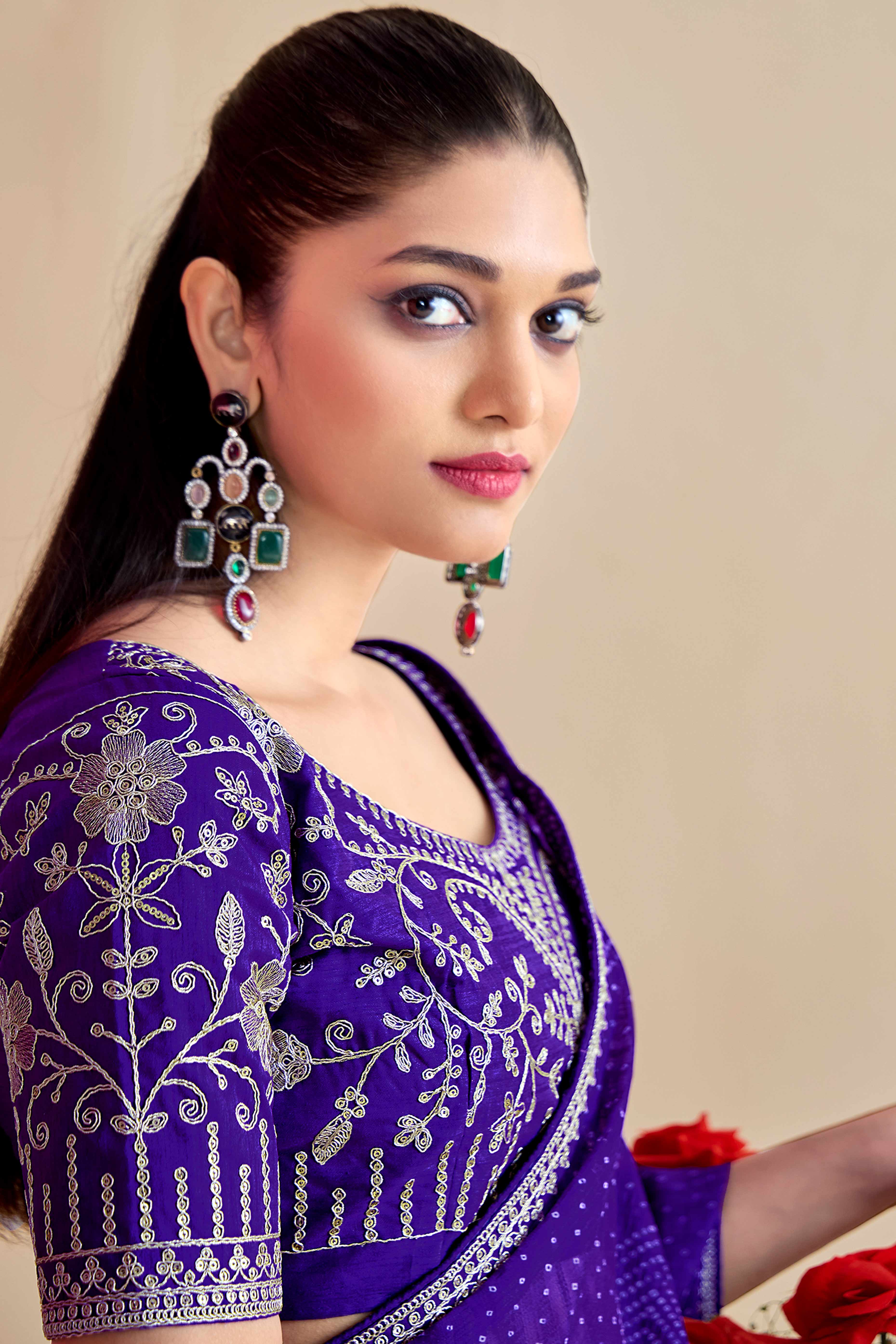Royal Purple Bandhani Printed Charm In Georgette With Sparkling Sequin Embroidered Border