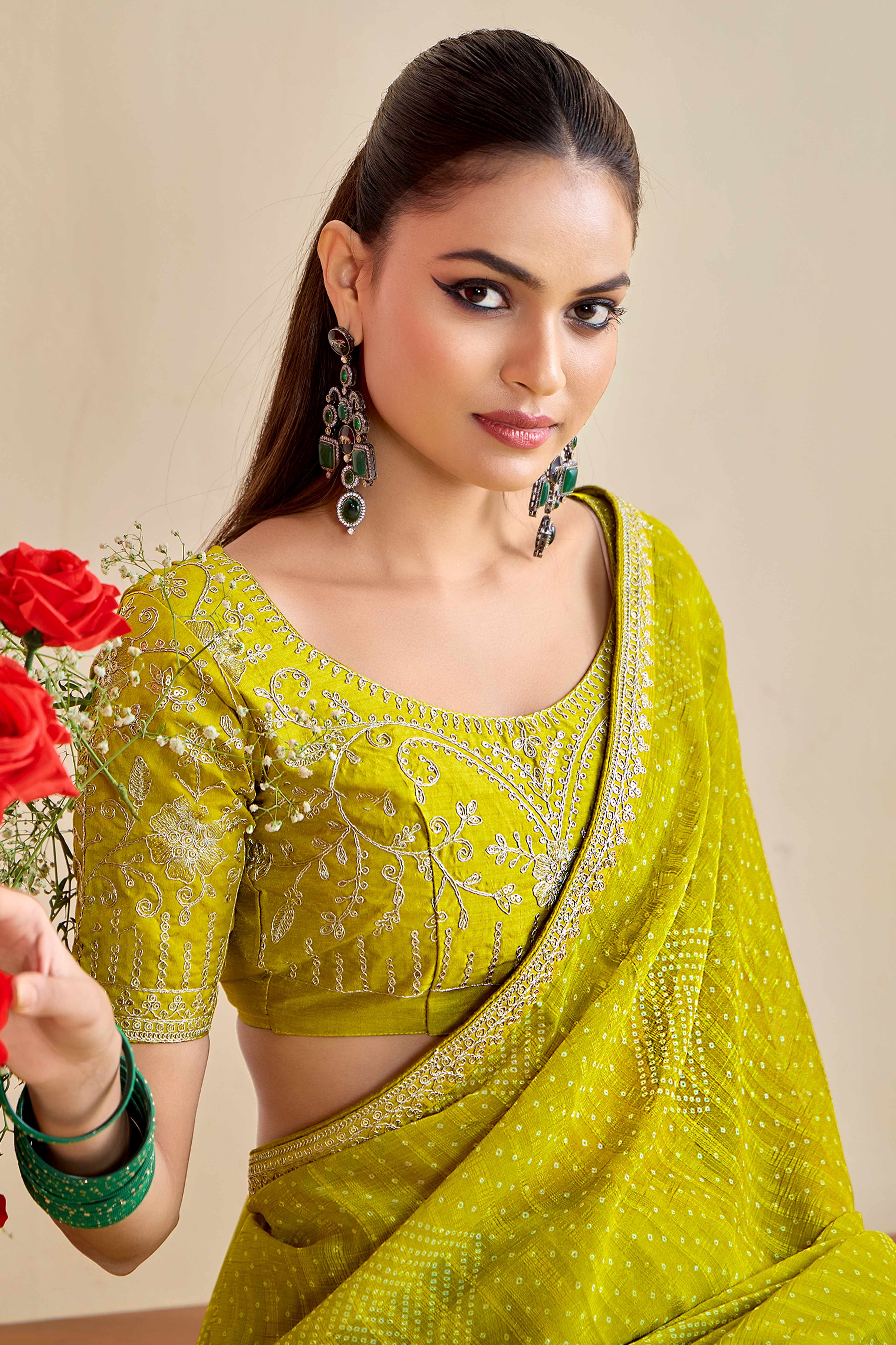 Lime Green Bandhani Printed Charm In Georgette With Sparkling Sequin Embroidered Border