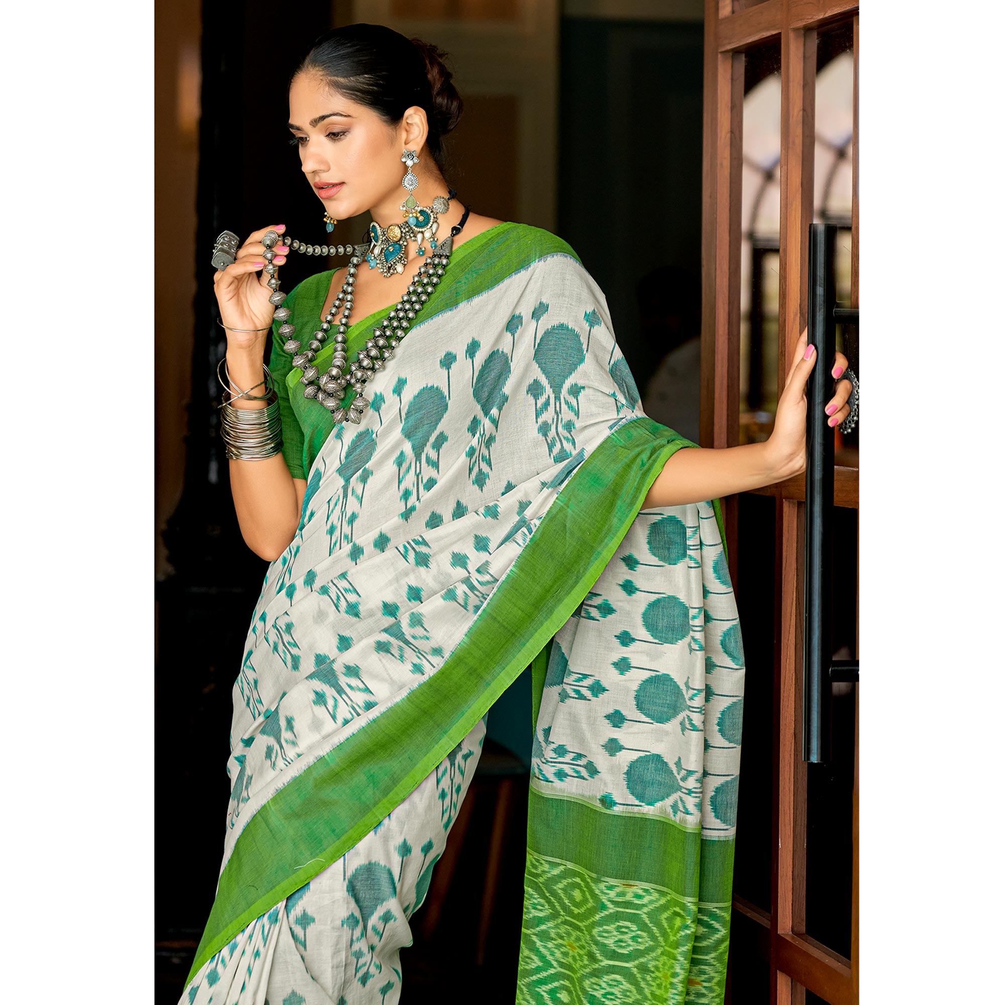 White & Green Ikkat Printed Mulmul Cotton Saree