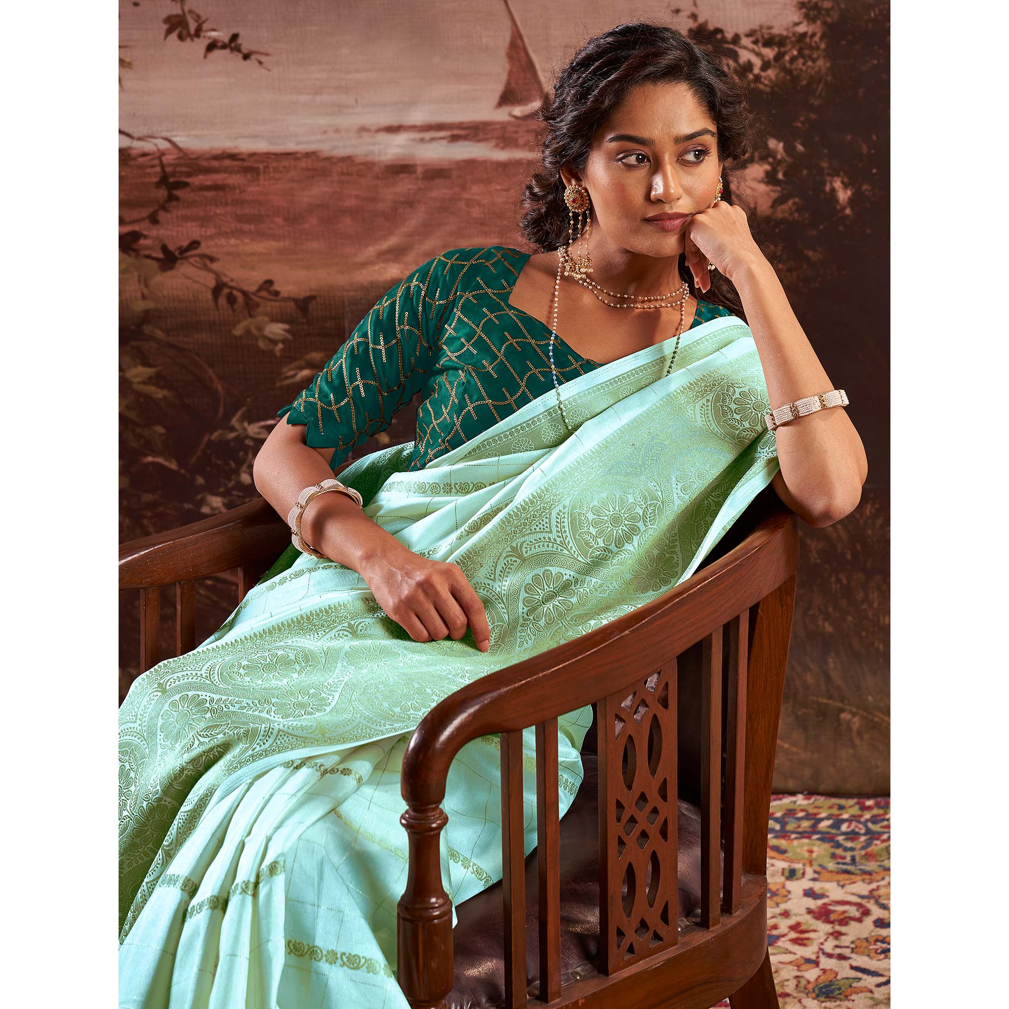 Turquoise Woven Cotton Silk Saree