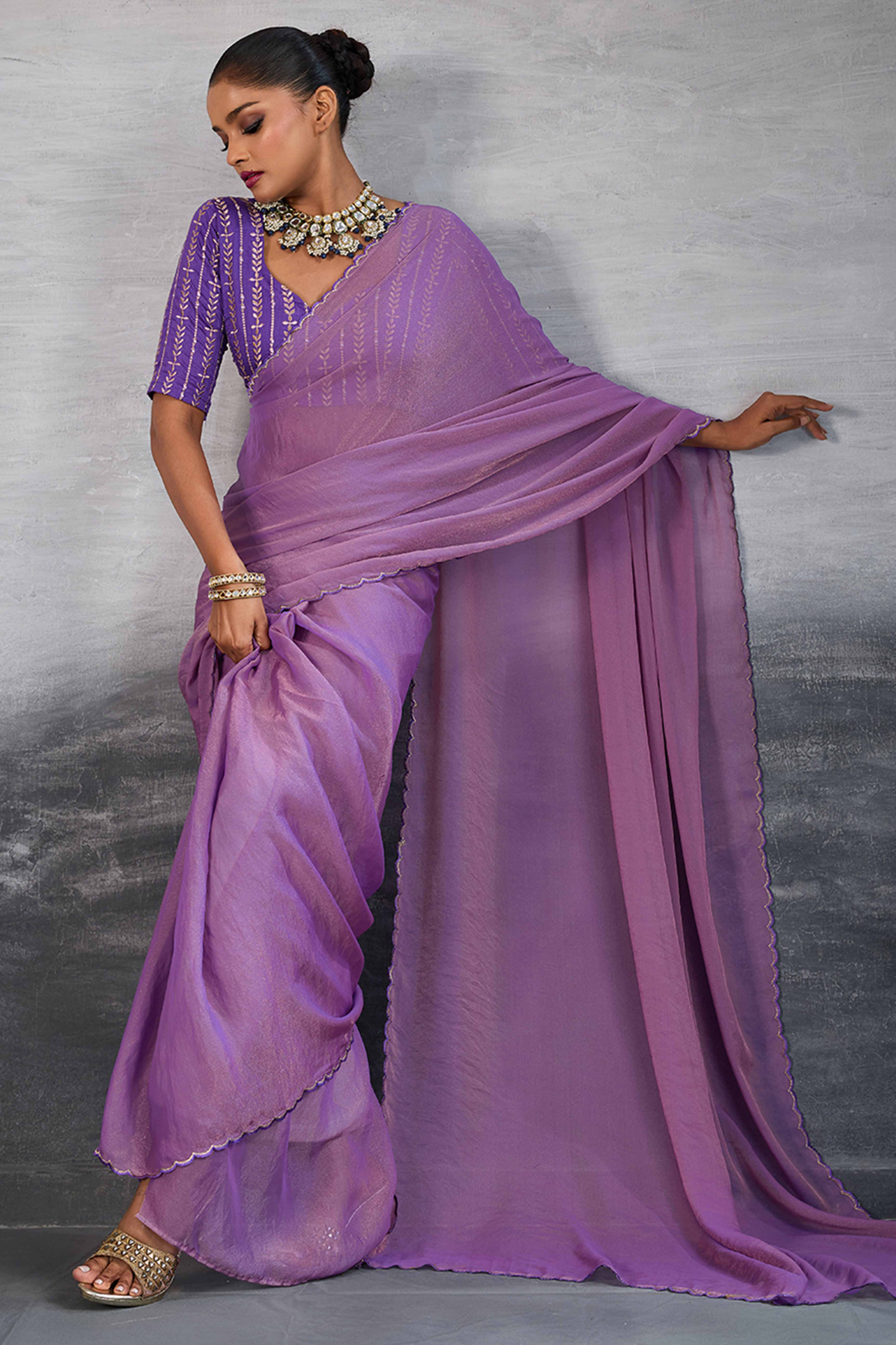 Lavender Solid Organza Jimmy Choo Saree Accentuated With Elegant Cutwork Border Detailing