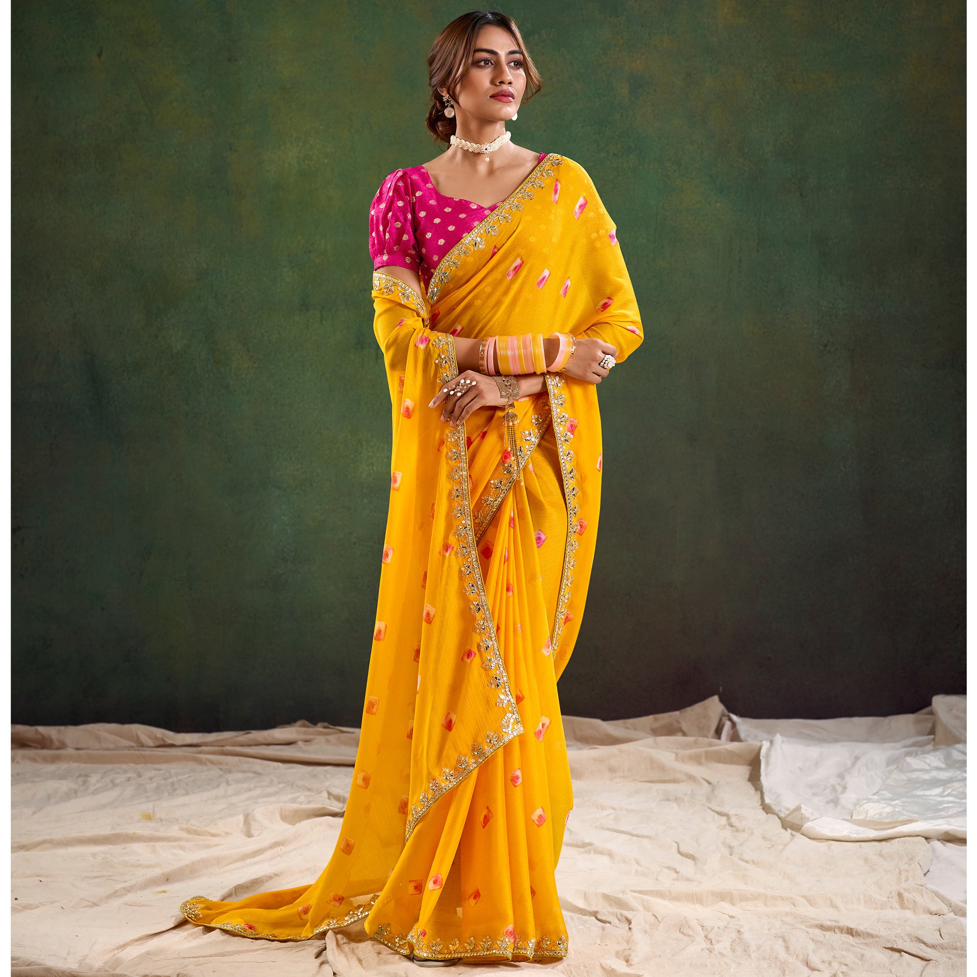 Yellow Printed Chiffon Saree With Sequins Border