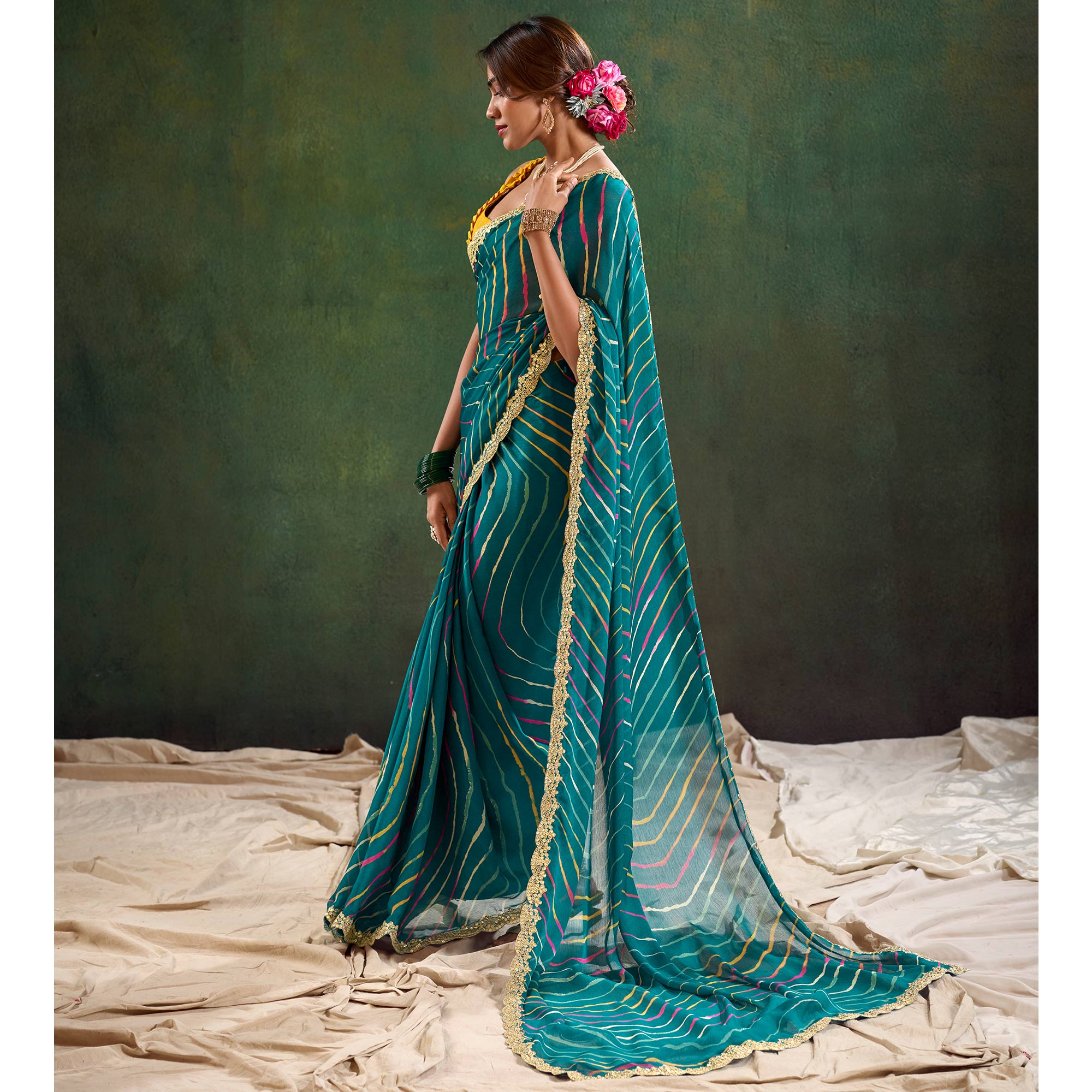 Morpich Green Printed Chiffon Saree With Sequins Border