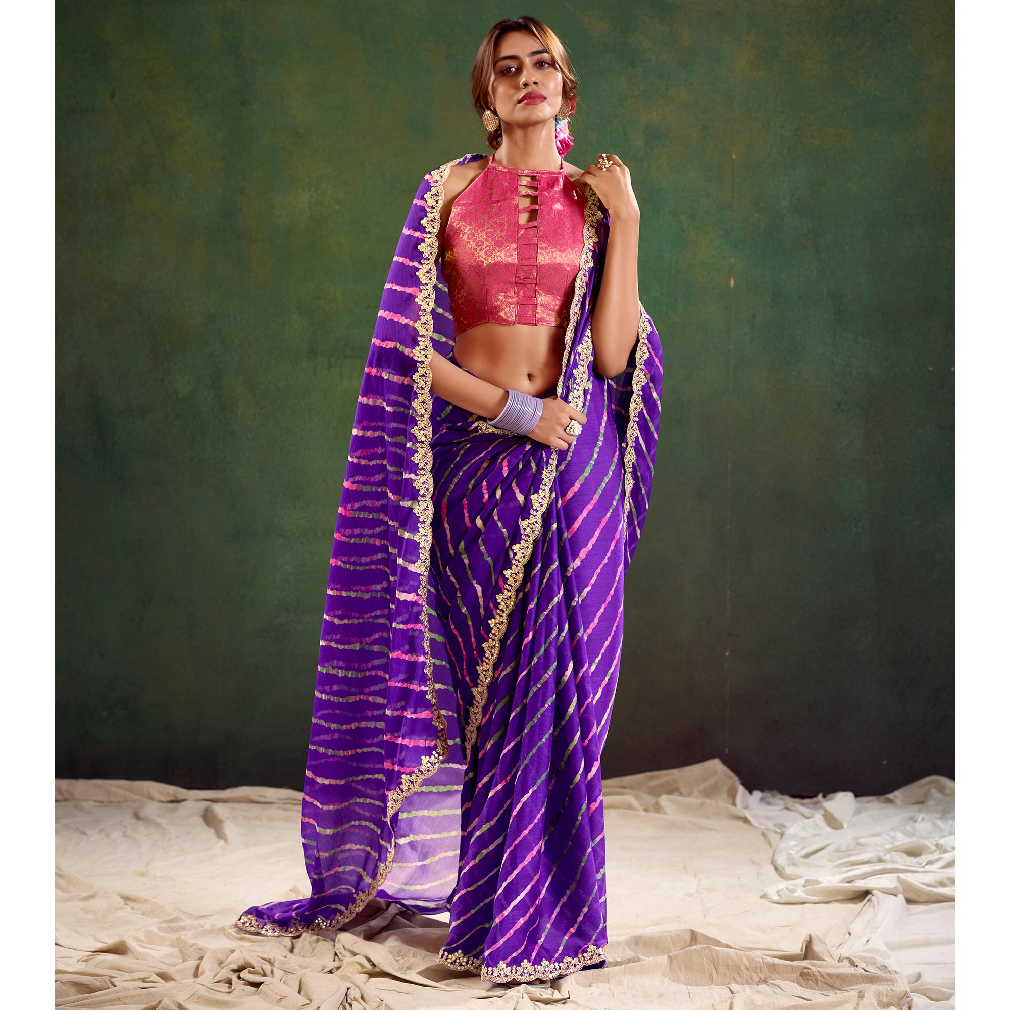 Violet Printed Chiffon Saree With Sequins Border
