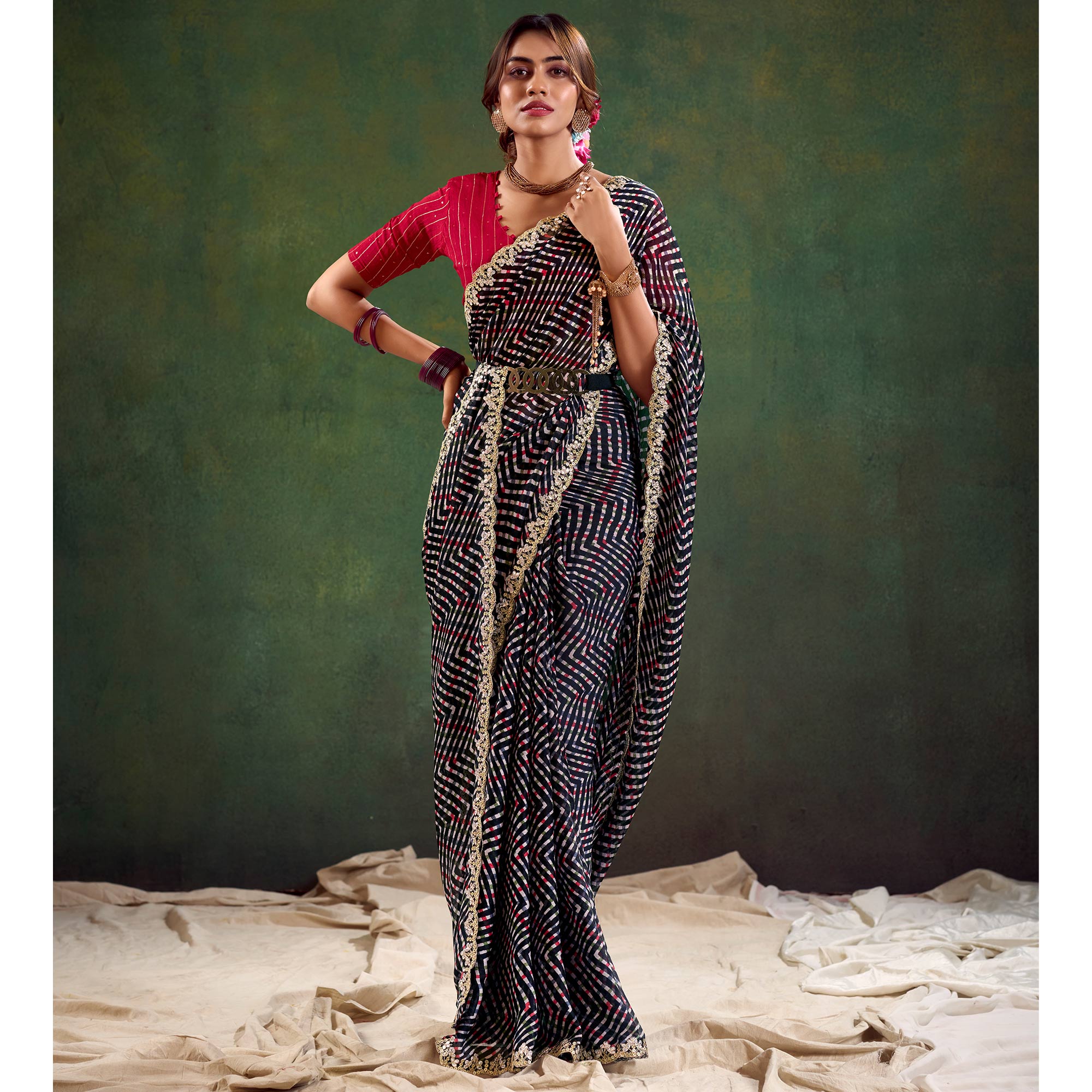 Black Printed Chiffon Saree With Sequins Border