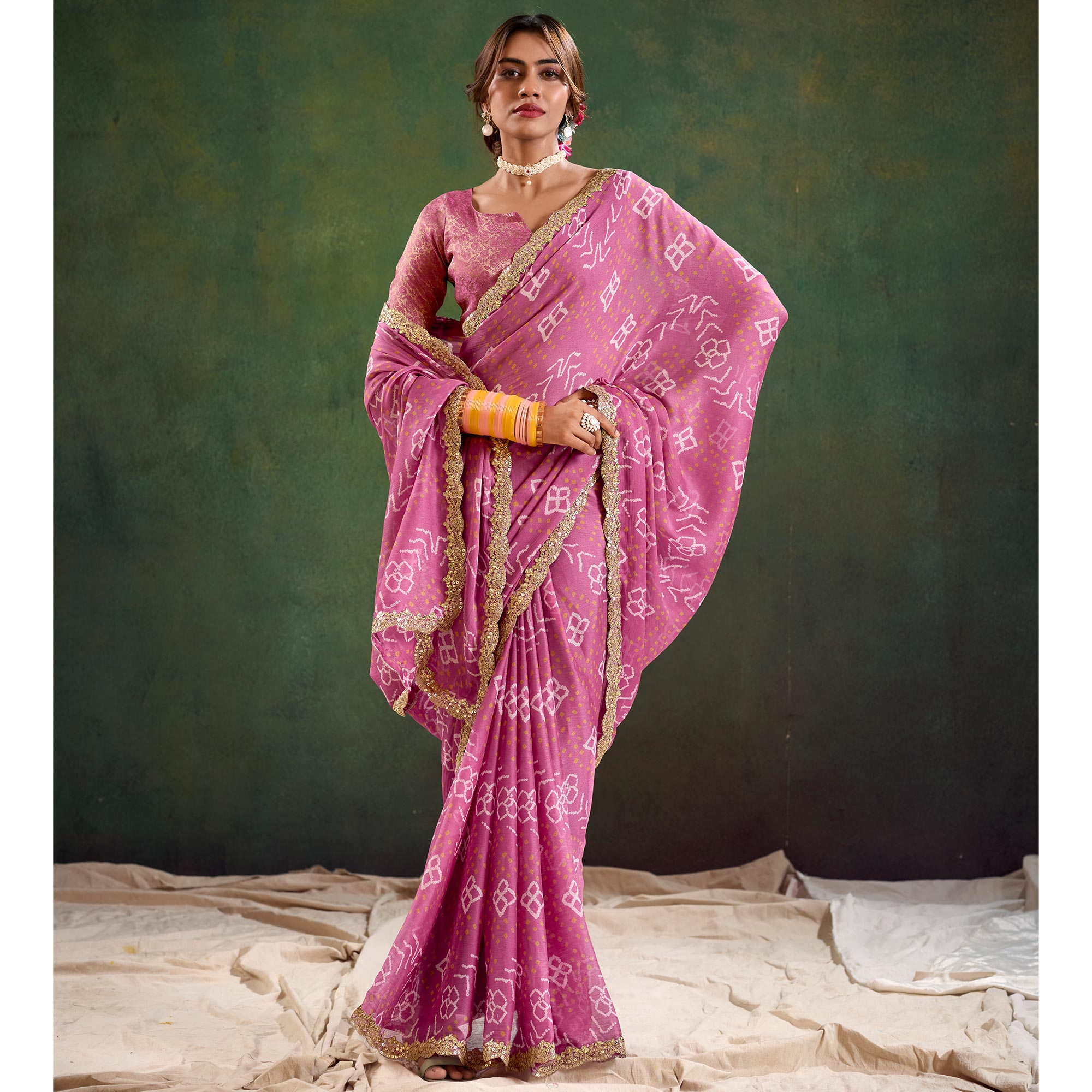 Dusty Magenta Printed Chiffon Saree With Sequins Border