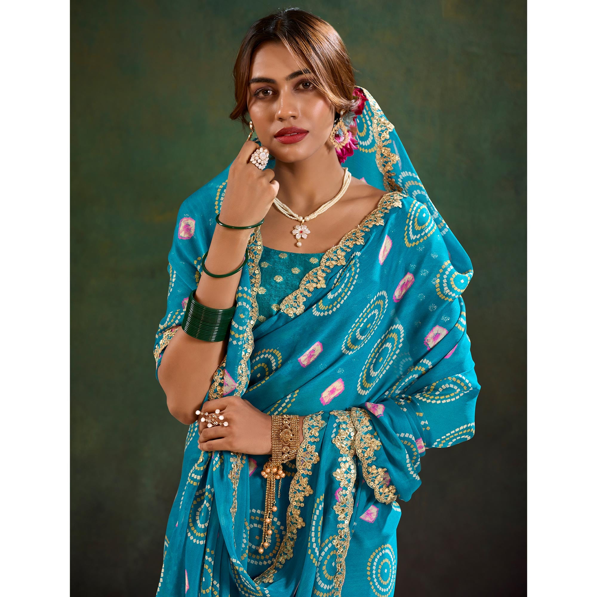 Teal Printed Chiffon Saree With Sequins Border