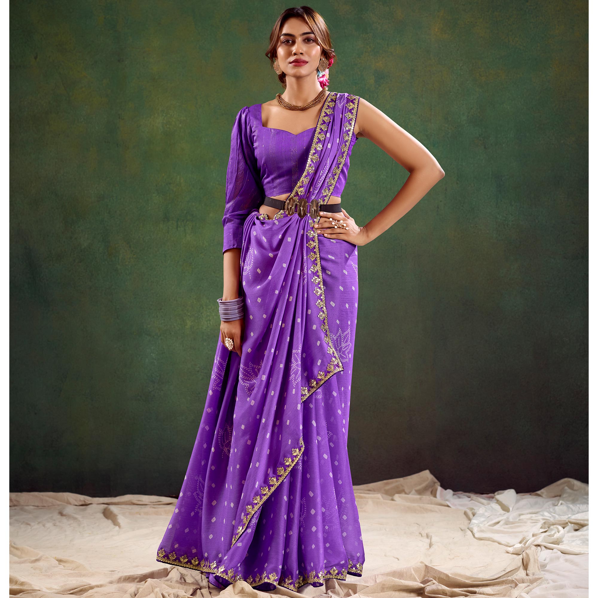 Violet Printed Chiffon Saree With Sequins Border