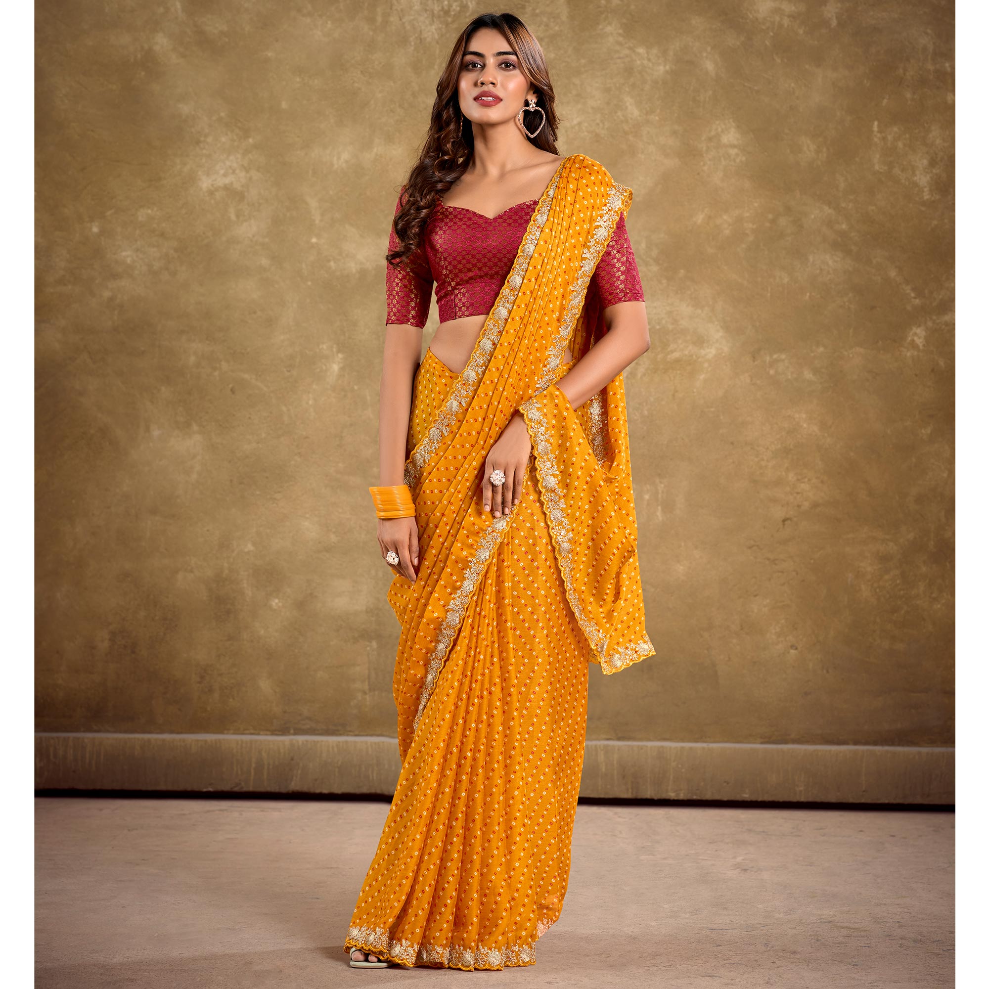 Mustard Printed Chiffon Saree With Sequins Border