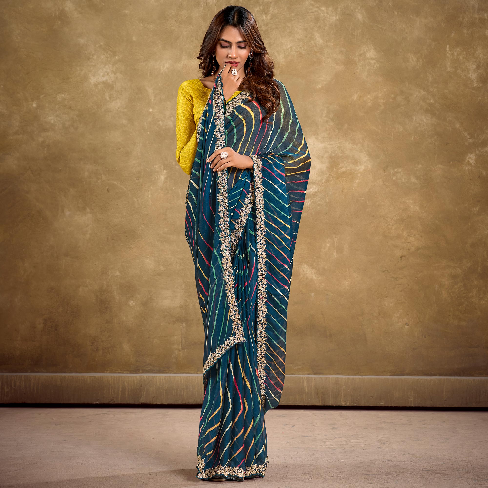 Morpich Blue Printed Chiffon Saree With Sequins Border