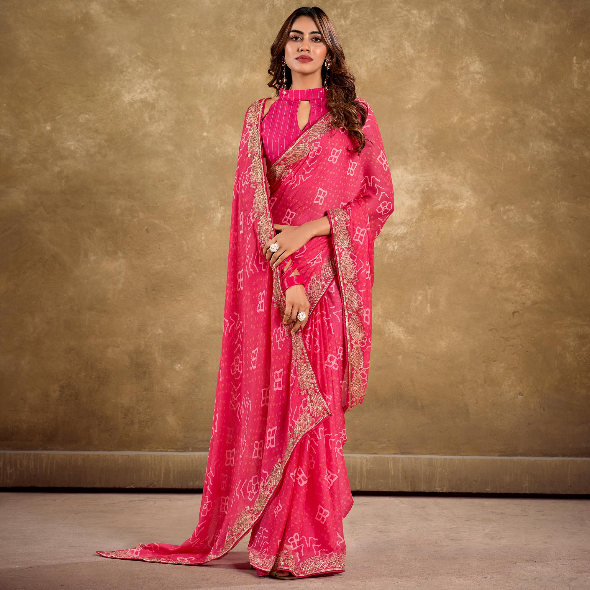 Pink Printed Chiffon Saree With Sequins Border