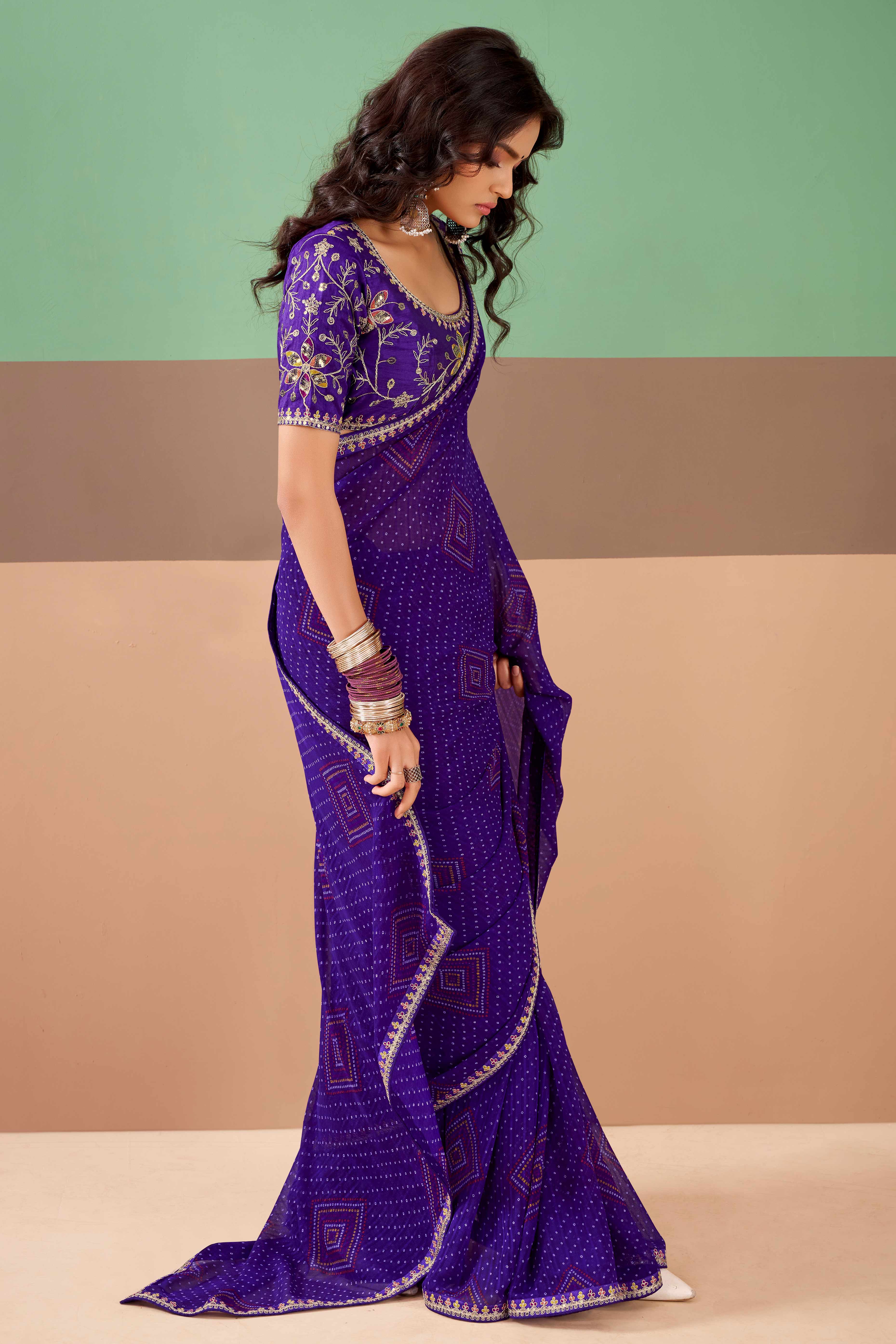 Charming Purple Bandhani Printed Georgette Saree Adorned With Intricate Cording Embroidered Border