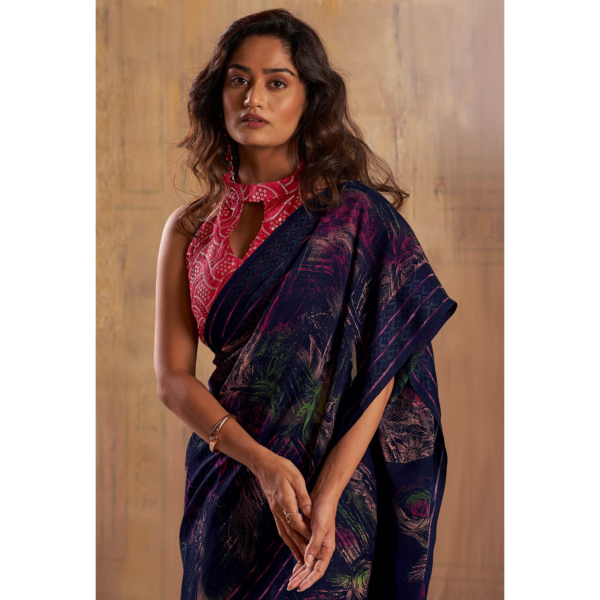 Navy Blue Floral Printed Georgette Saree