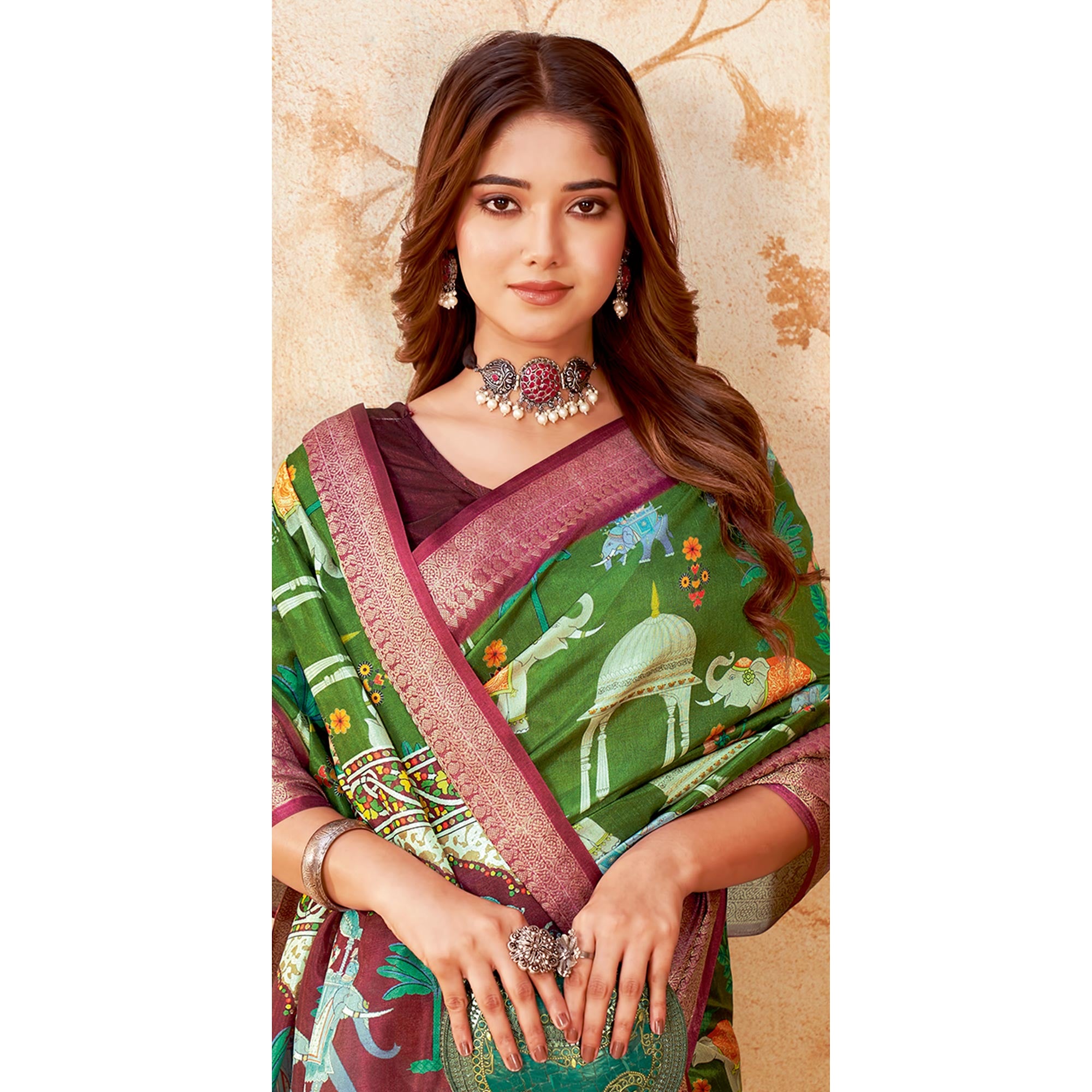 Green Printed Cotton Silk Saree With Jacquard Border