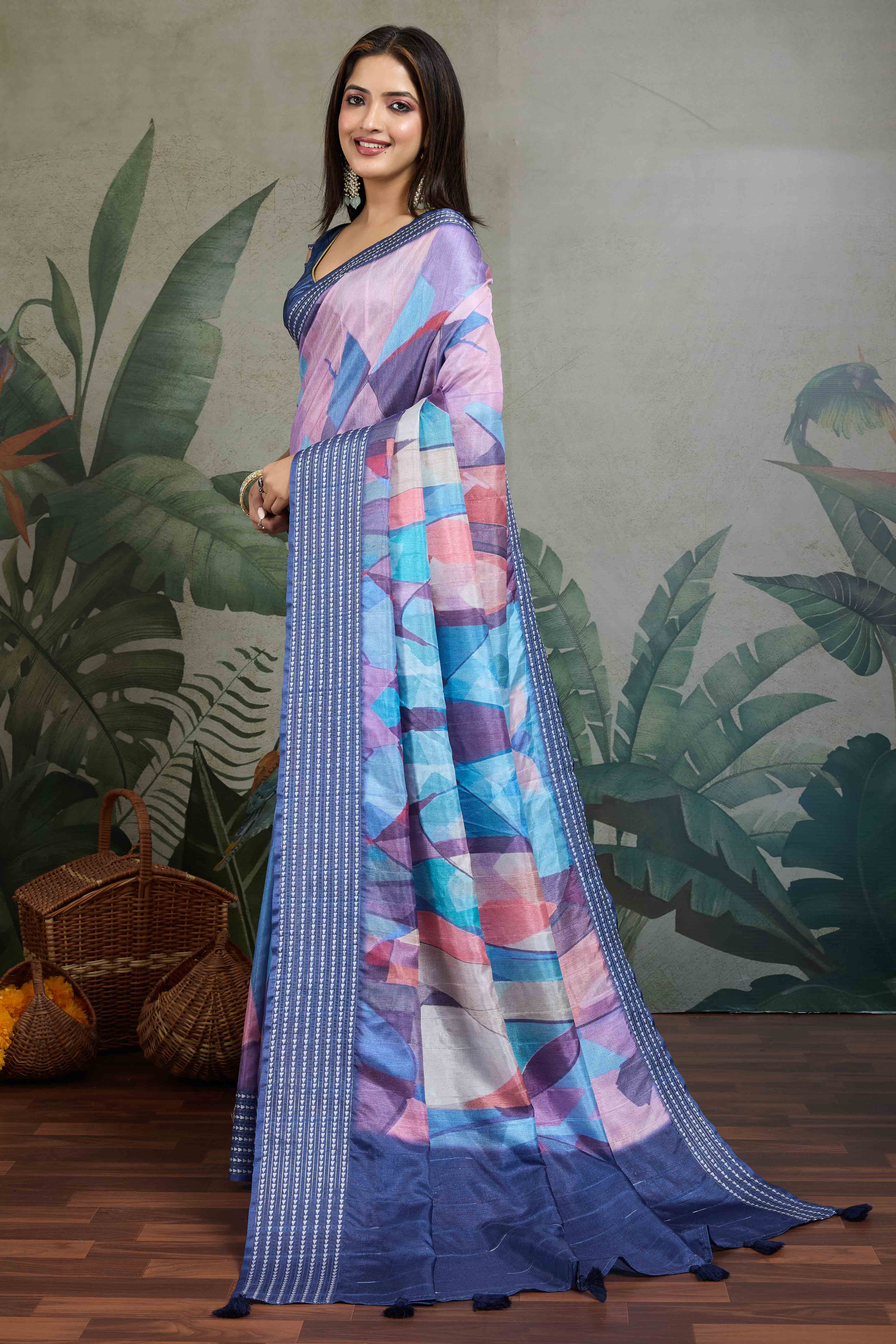 Blue Silk Blend Saree with Geometric Print