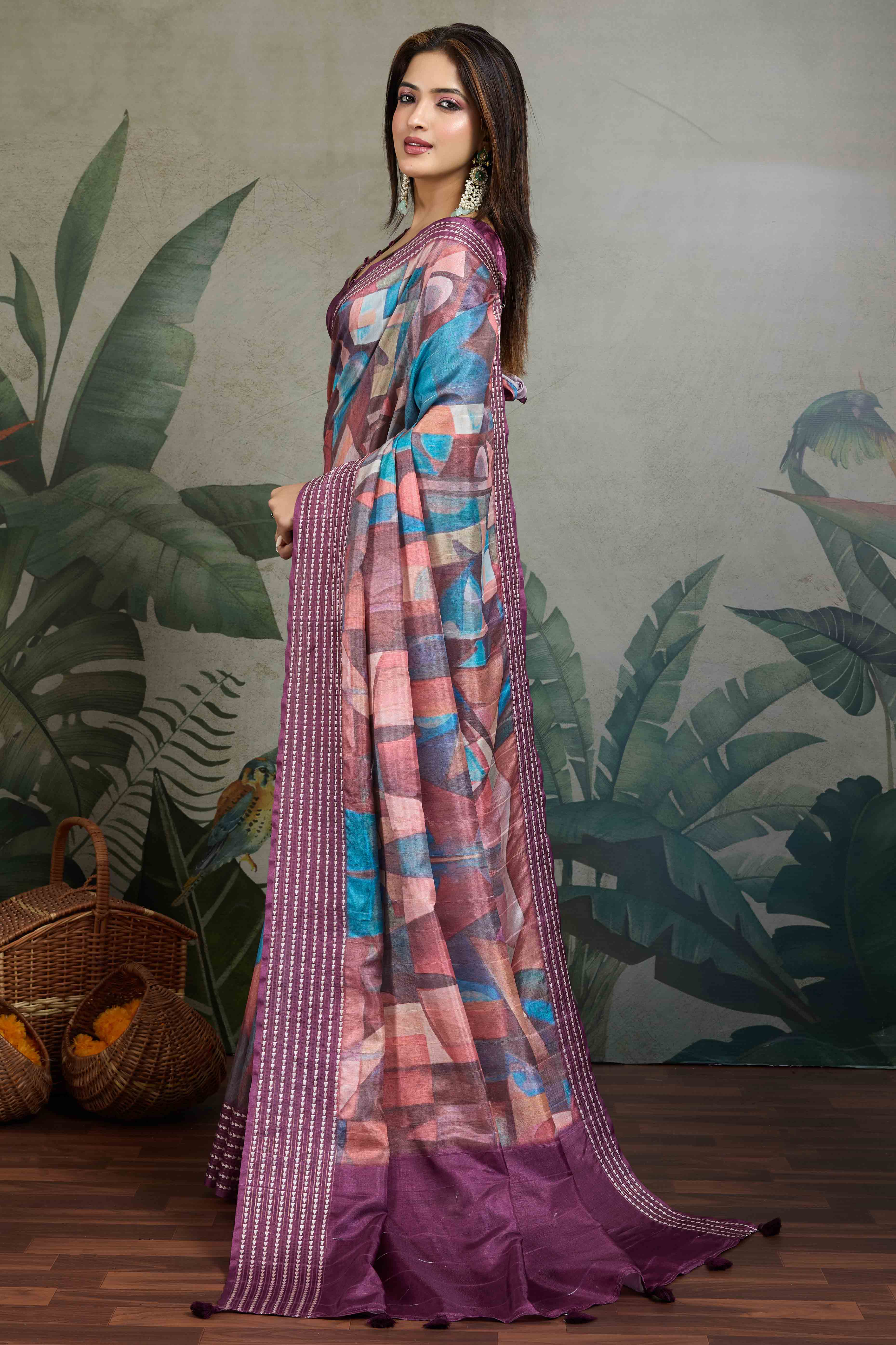 Purple Silk Blend Saree with Geometric Print