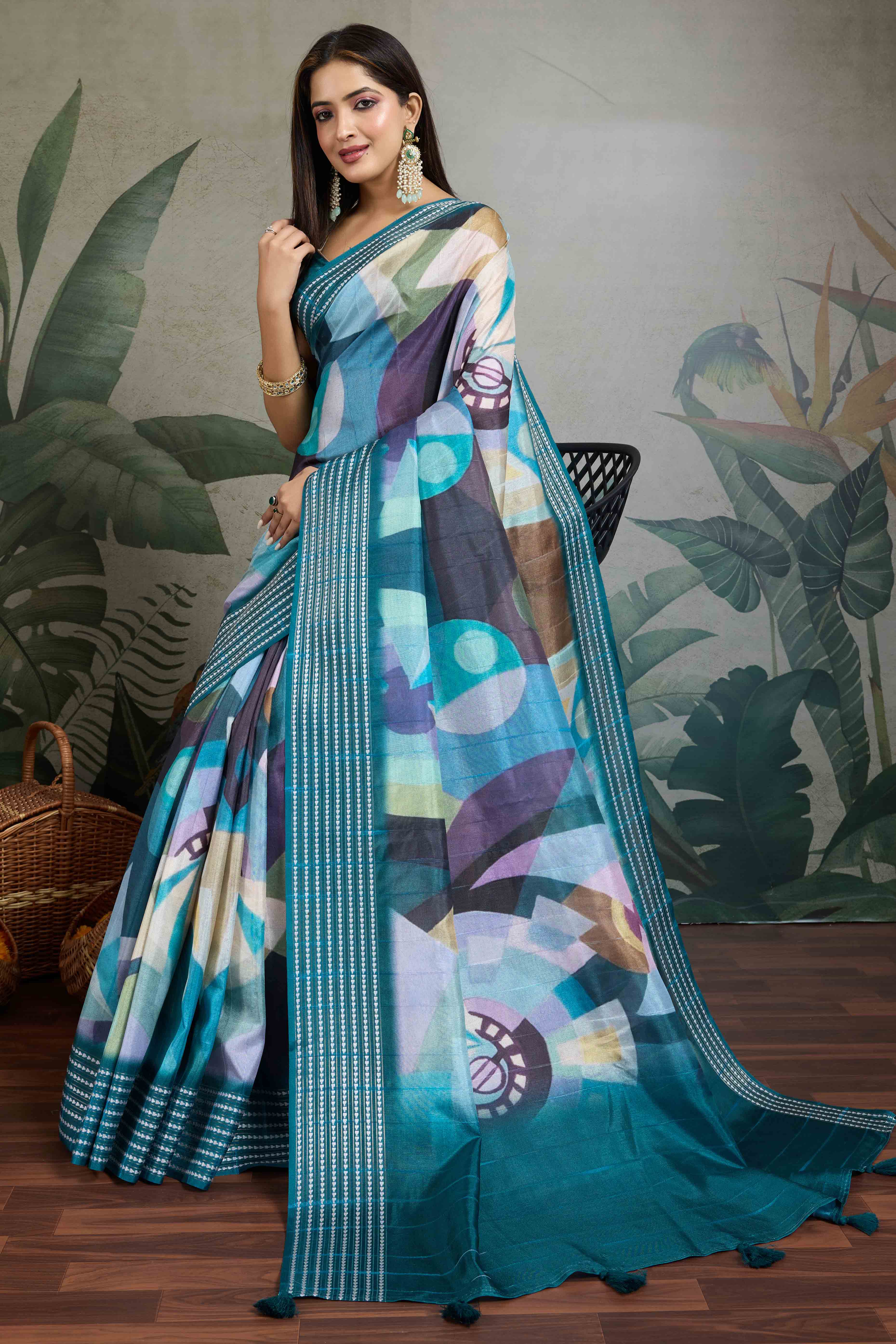 Teal Silk Blend Saree with Geometric Print